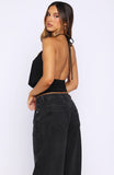 Love Everywhere Cinched Waist Halter Top Black