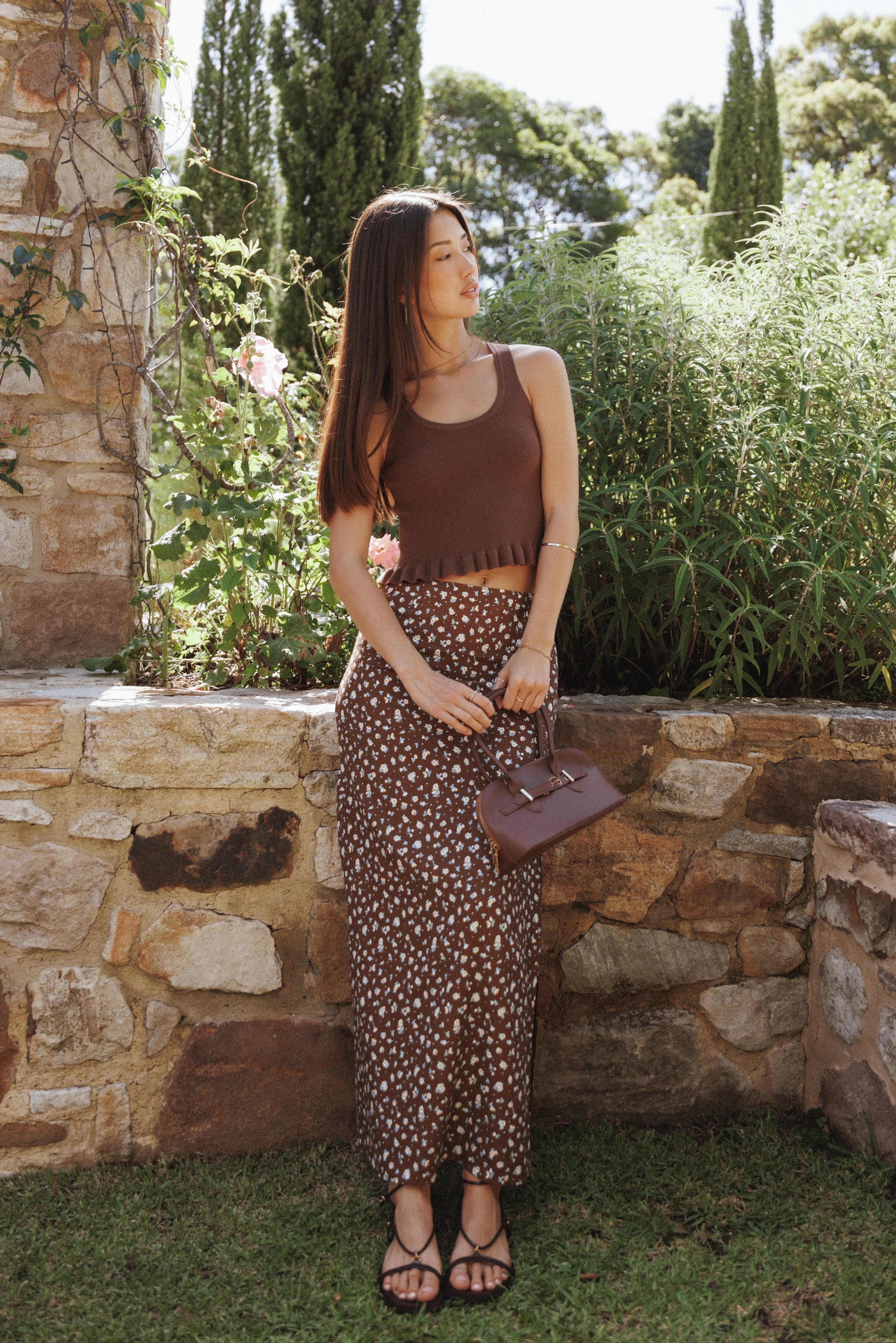 Madison Linen Column Skirt Brown Floral