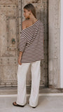 Pia One Shoulder Oversize Tee Choc White Stripe