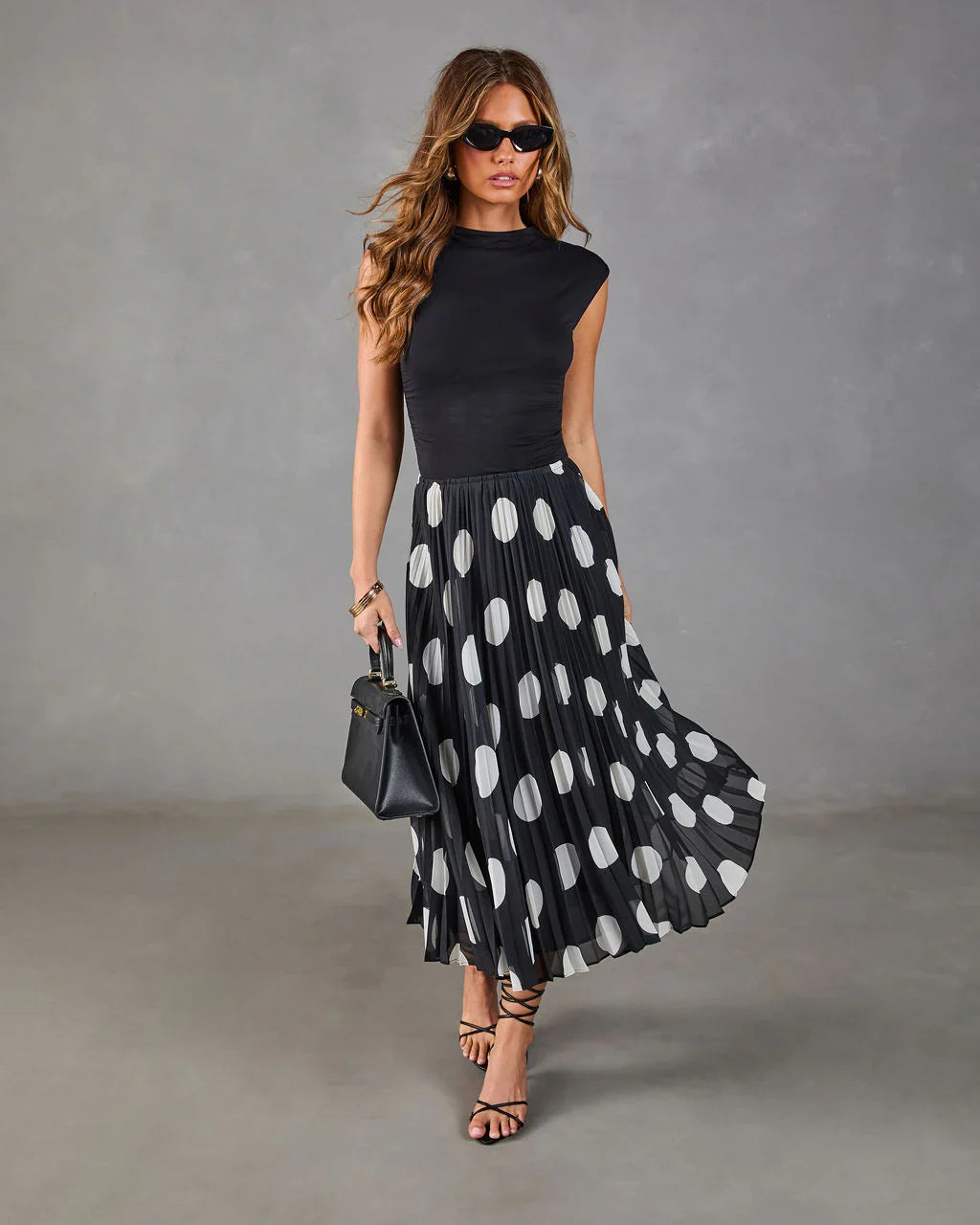 Evening Icon Pleated Polka Dot Midi Skirt