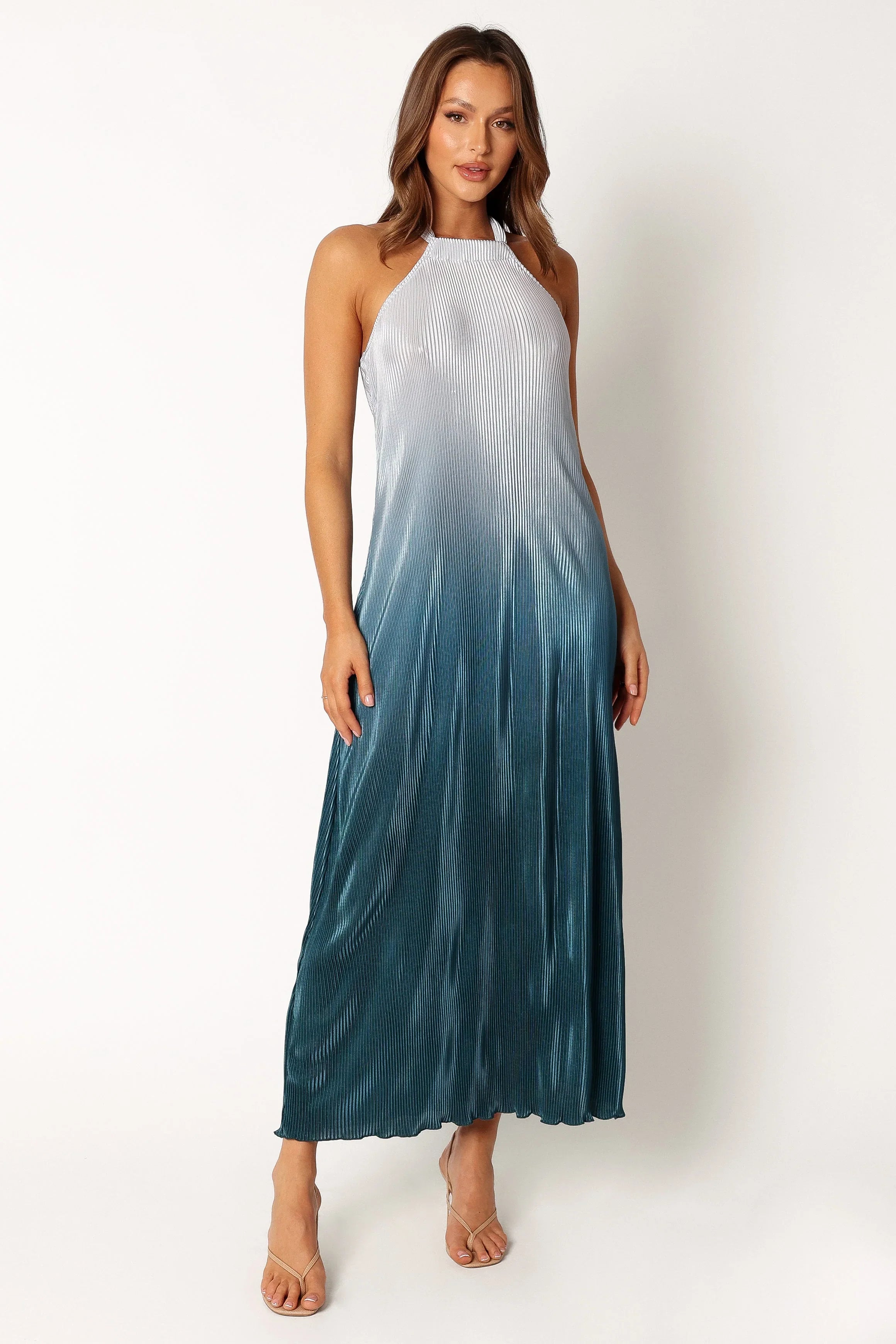Melody Plisse Halter Maxi Dress Navy Gradient