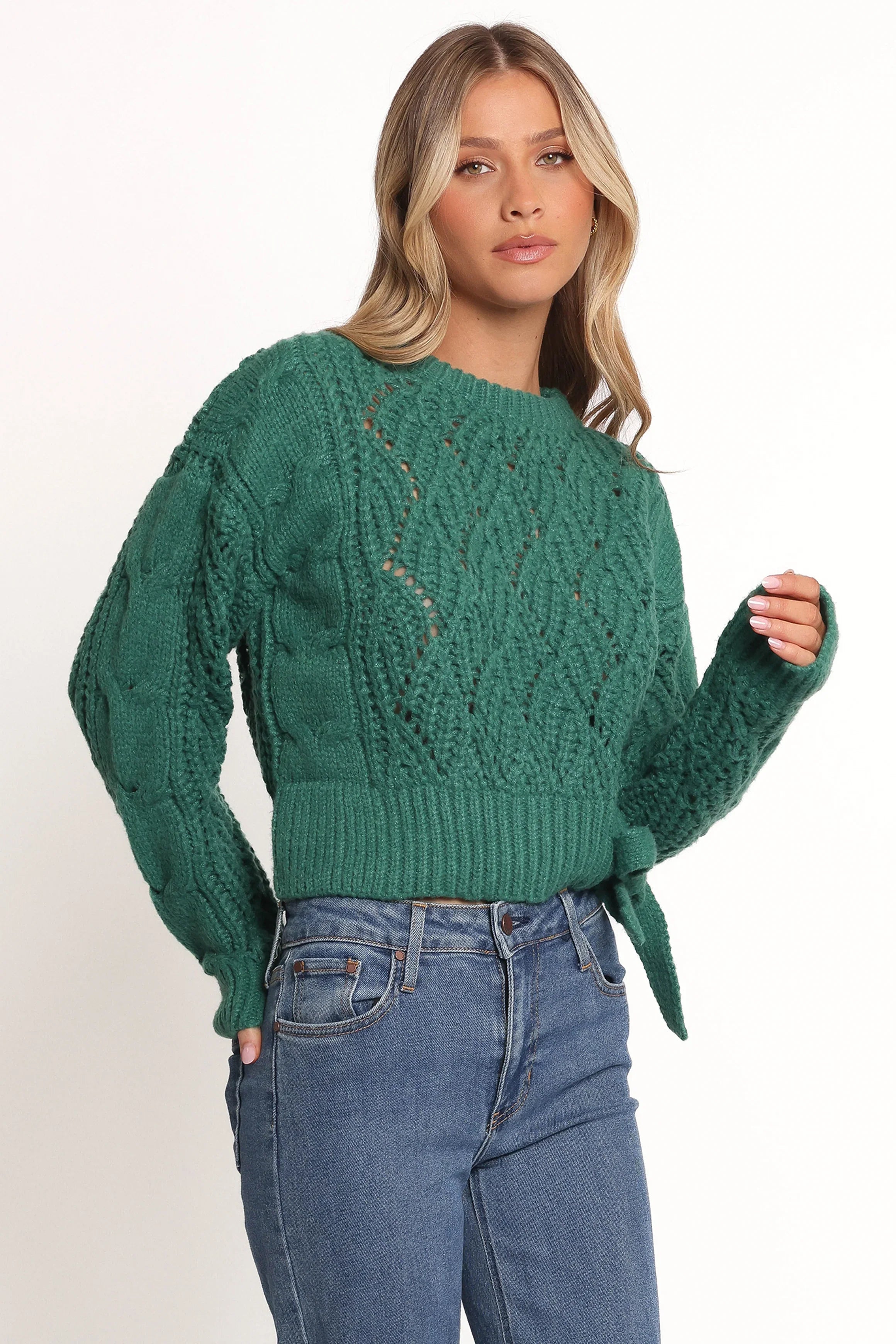 Birdie Tie Side Knit Sweater Emerald