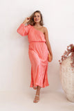 Pontee One Shoulder Pleated Midi Dress Coral