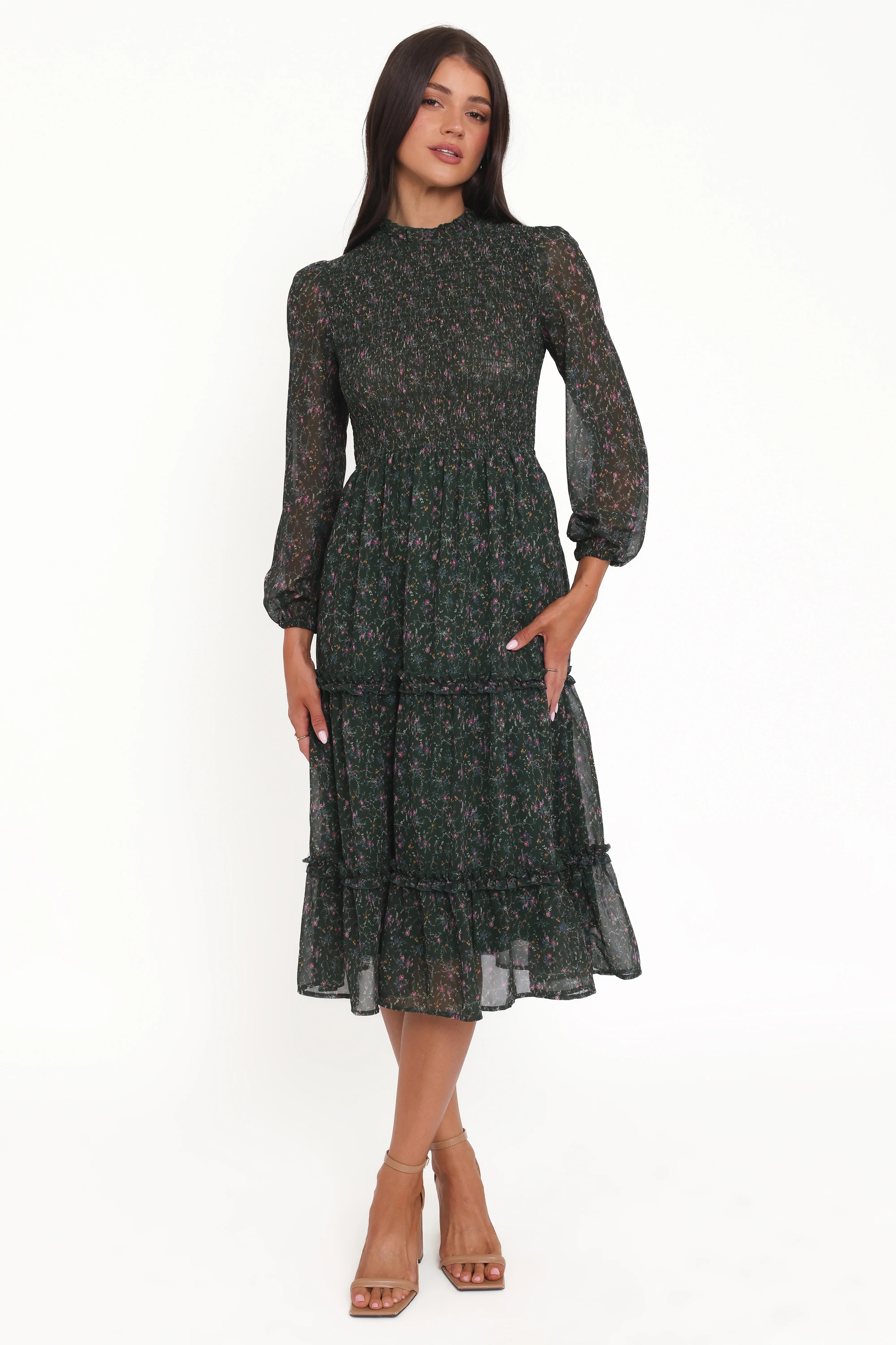 Edwina Shirred Frill Long Sleeve Midi Dress Olive Floral