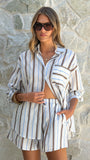 Elita Long Sleeve Button Up Shirt and Shorts Set Choc Blue Stripe