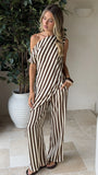 Liana Off Shoulder Top Pants Set Brown Stripe