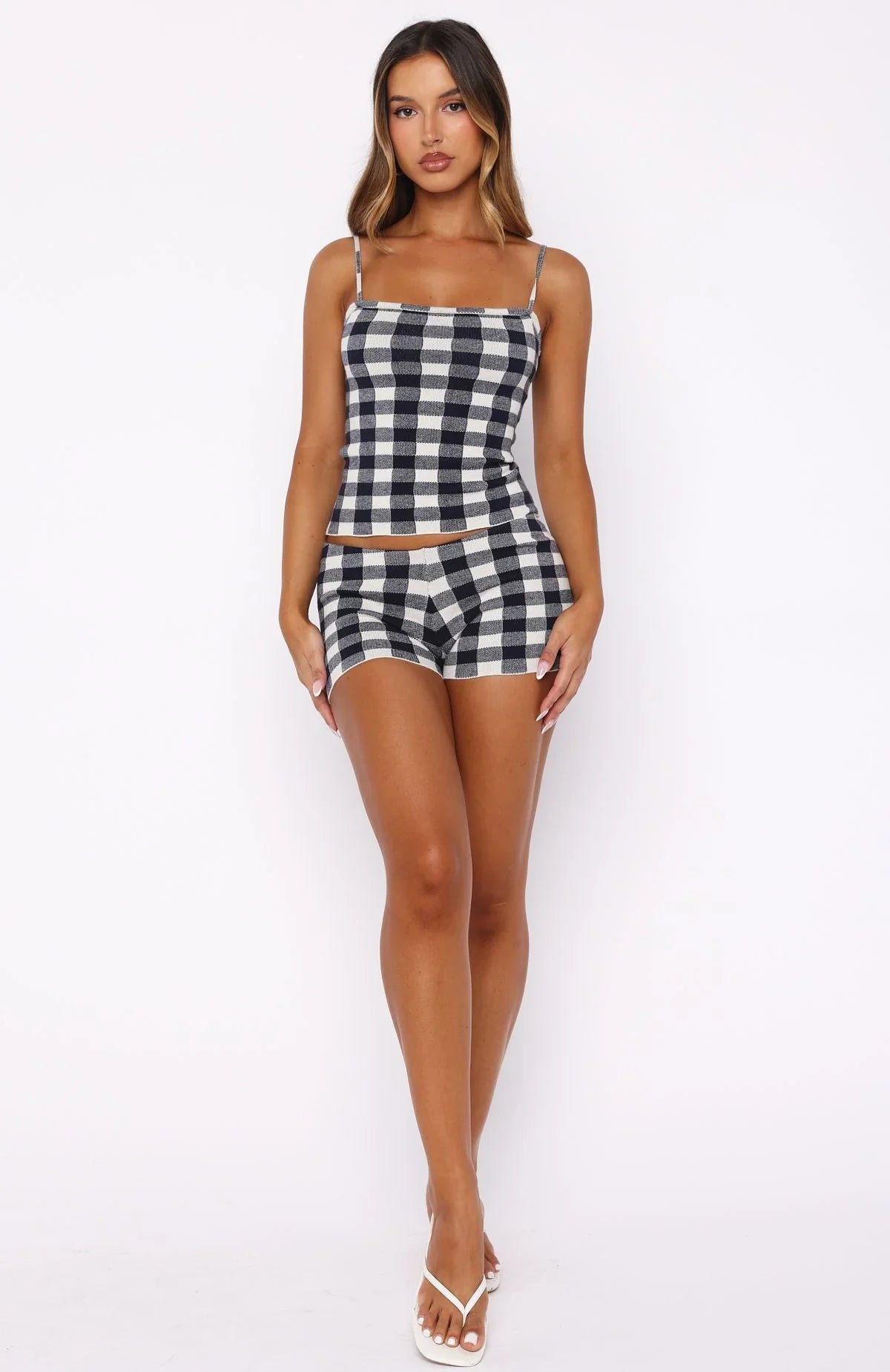 Iconic Duo Knit Cami Top Navy Cream Gingham