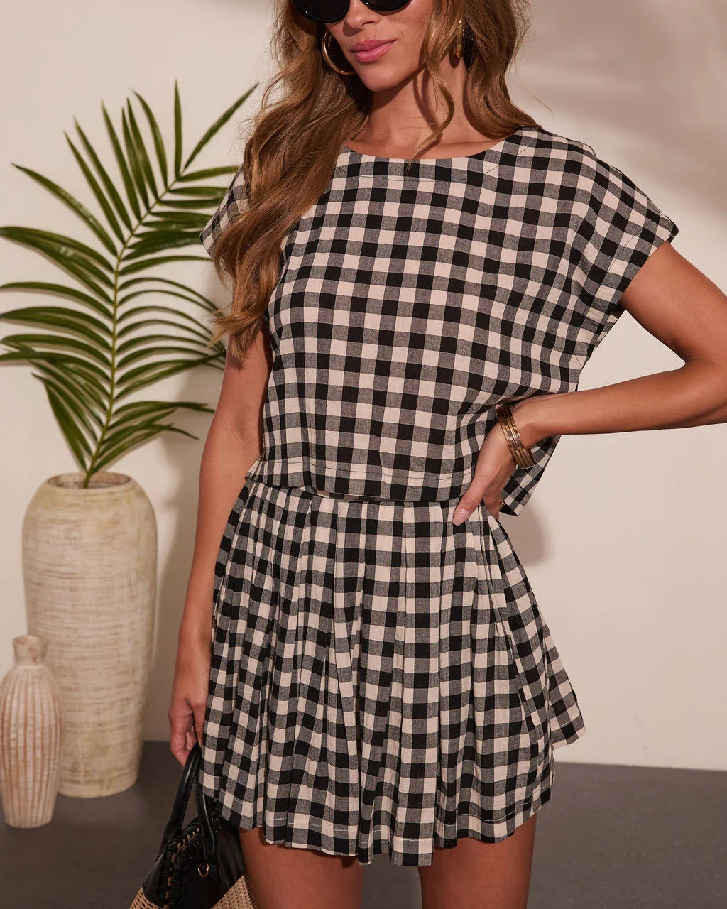 Velmiah Pleated Gingham Print Mini Skirt