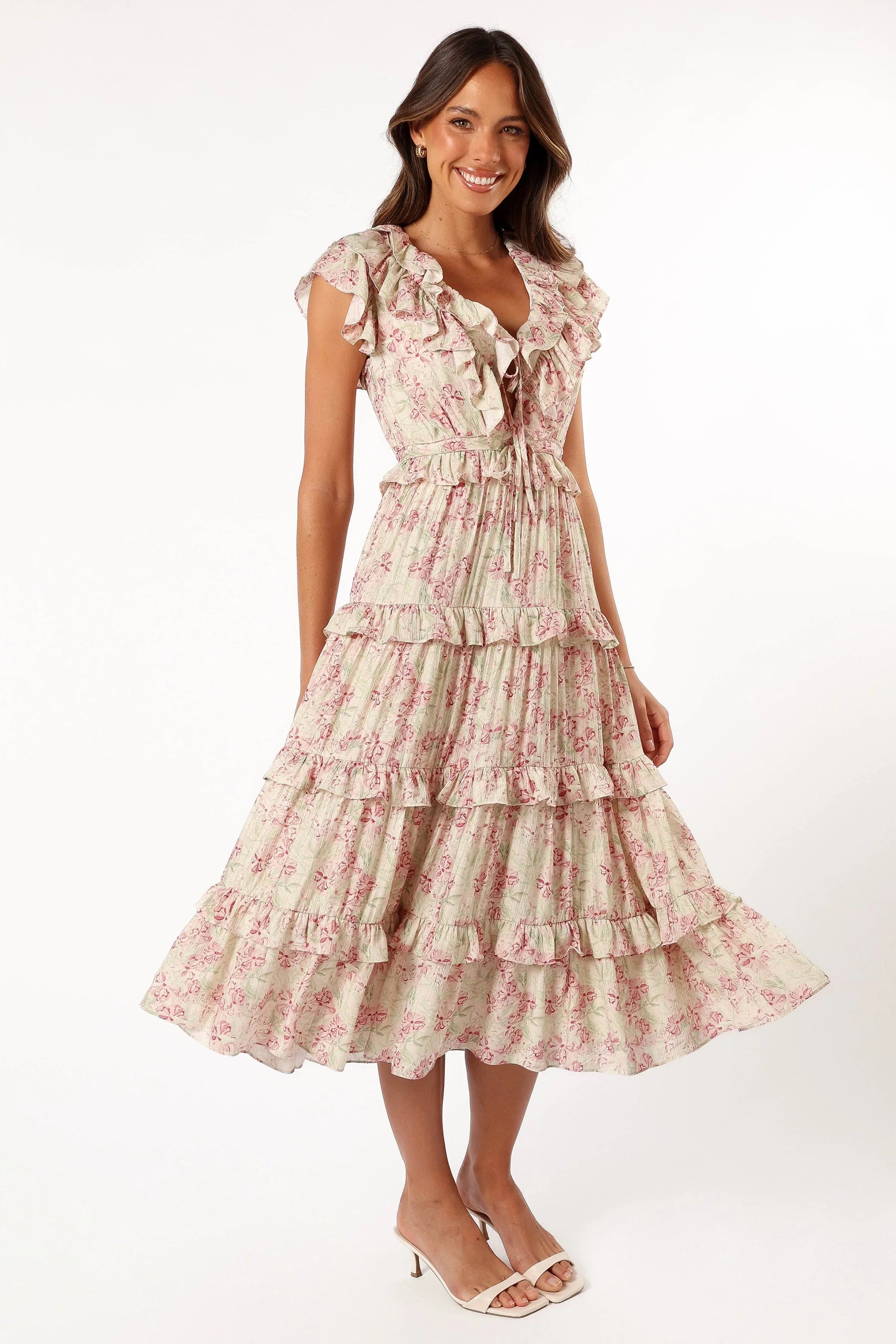 Levelle Midi Ruffle Dress Ivory Red Green Floral