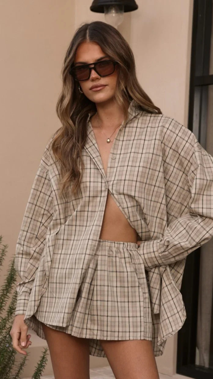 Arli Button Up Shirt Beige Brown Plaid