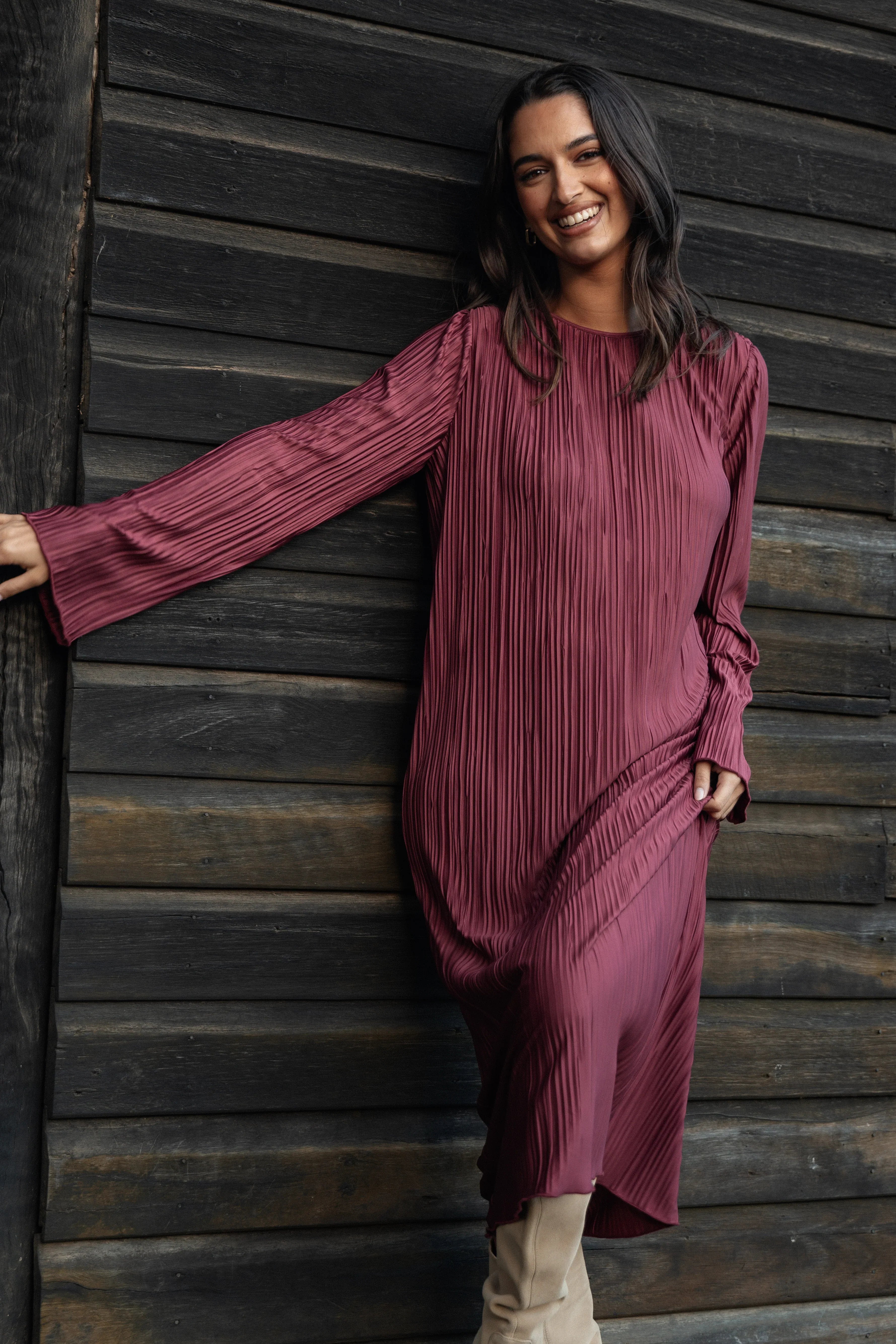 Tannikah Plisse Midi Dress Ruby Wine