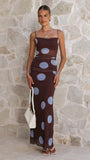 Loralei Mesh Maxi Dress Brown Blue Polka Dot