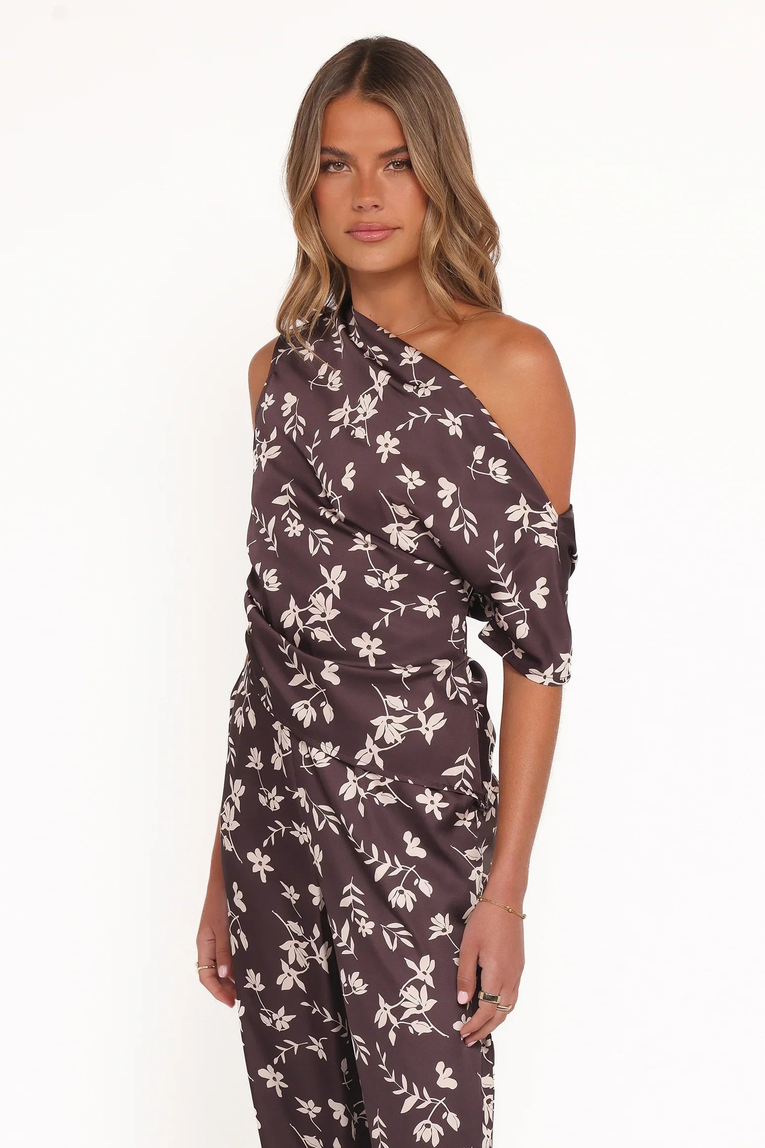 Romola Off Shoulder Top Brown Cream Floral