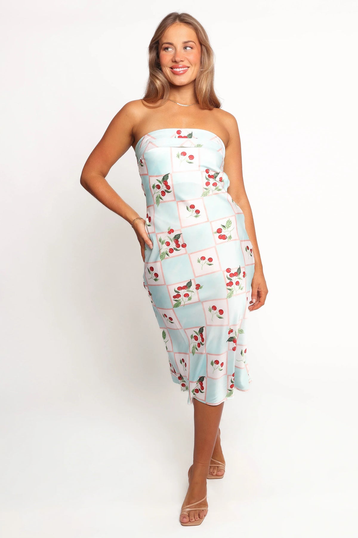 Benton Strapless Midi Dress Cherry Print