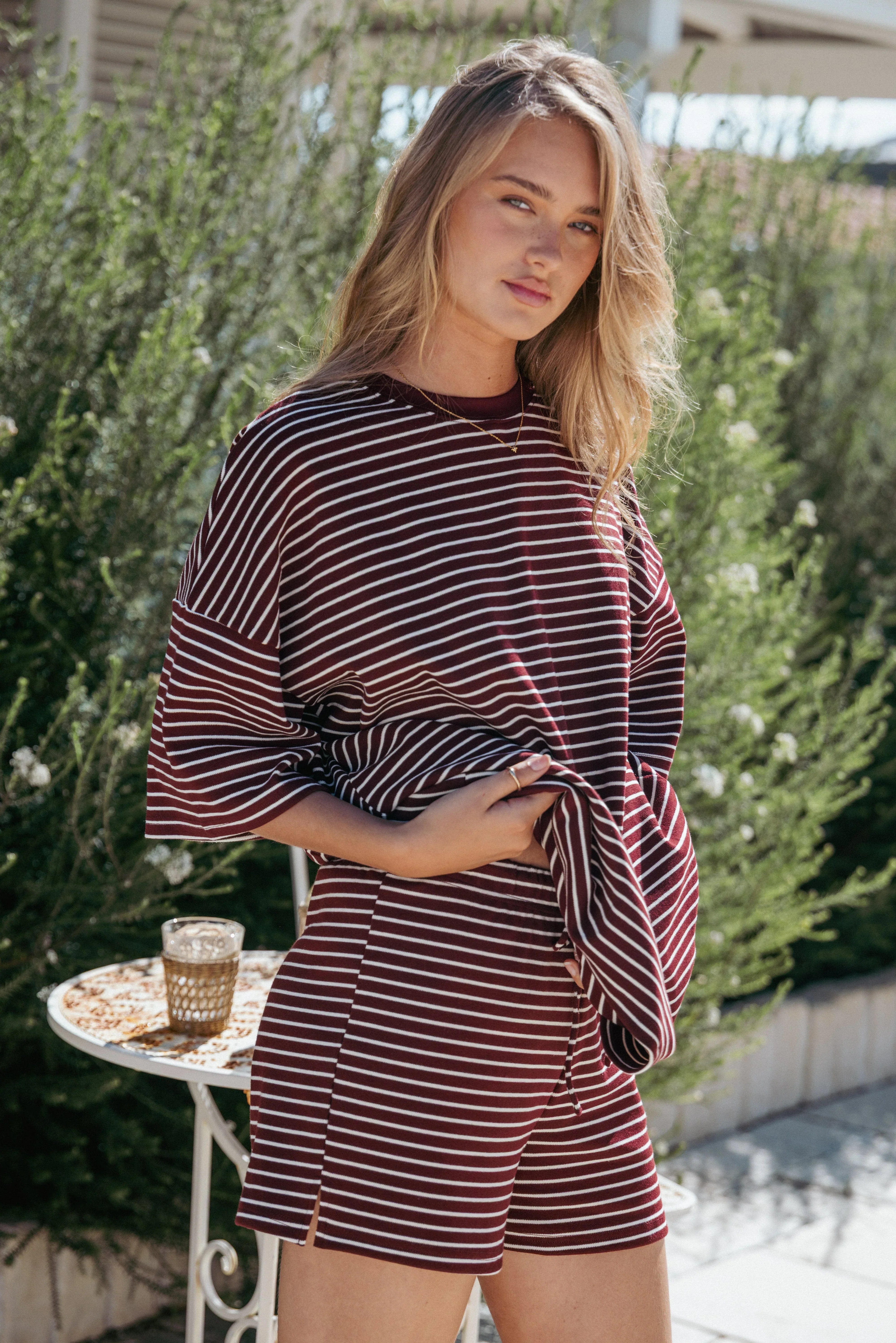 Hellen Stripe Short Set Burgundy Cream Stripe