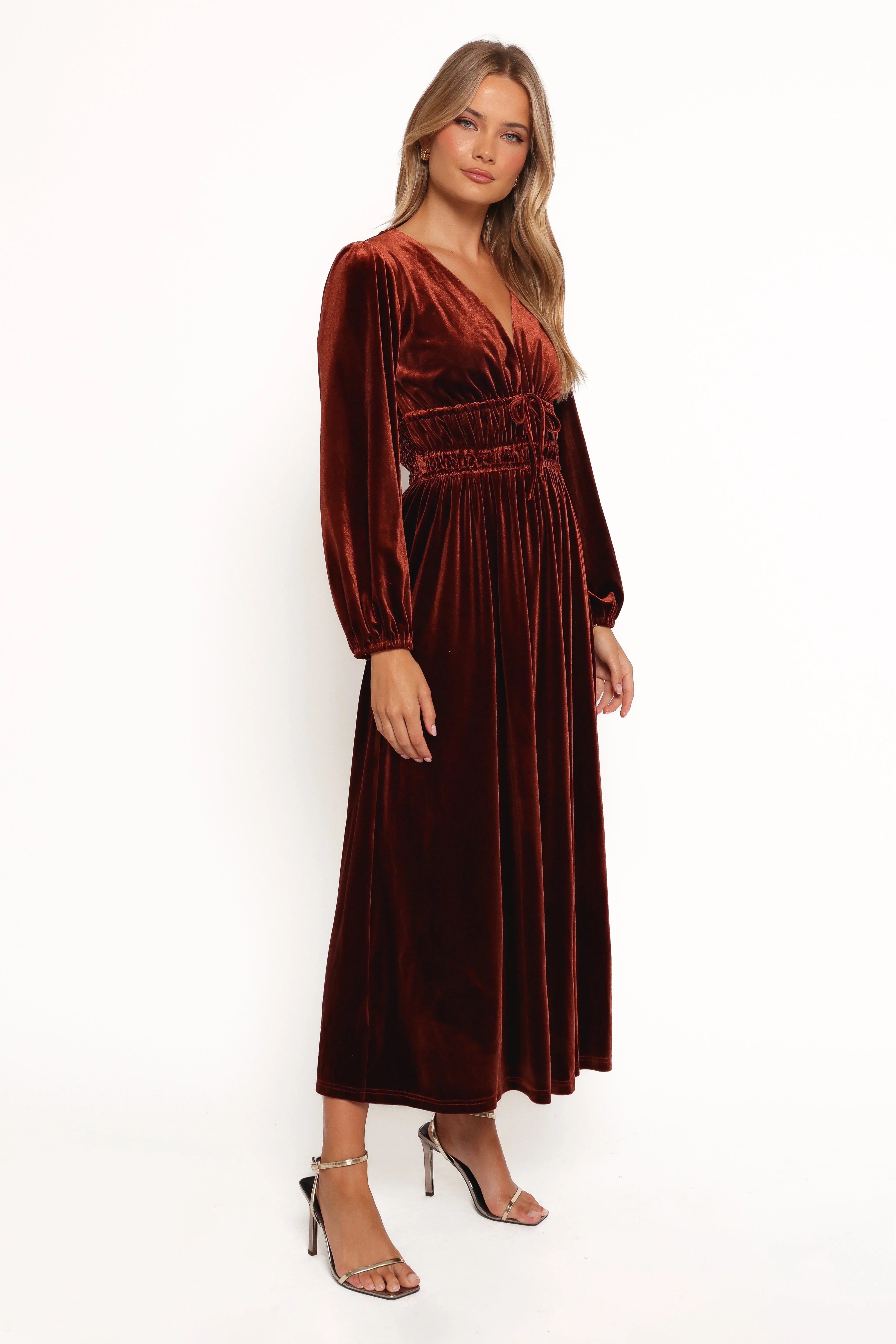 Cece Velvet Long Sleeve Maxi Dress Rust