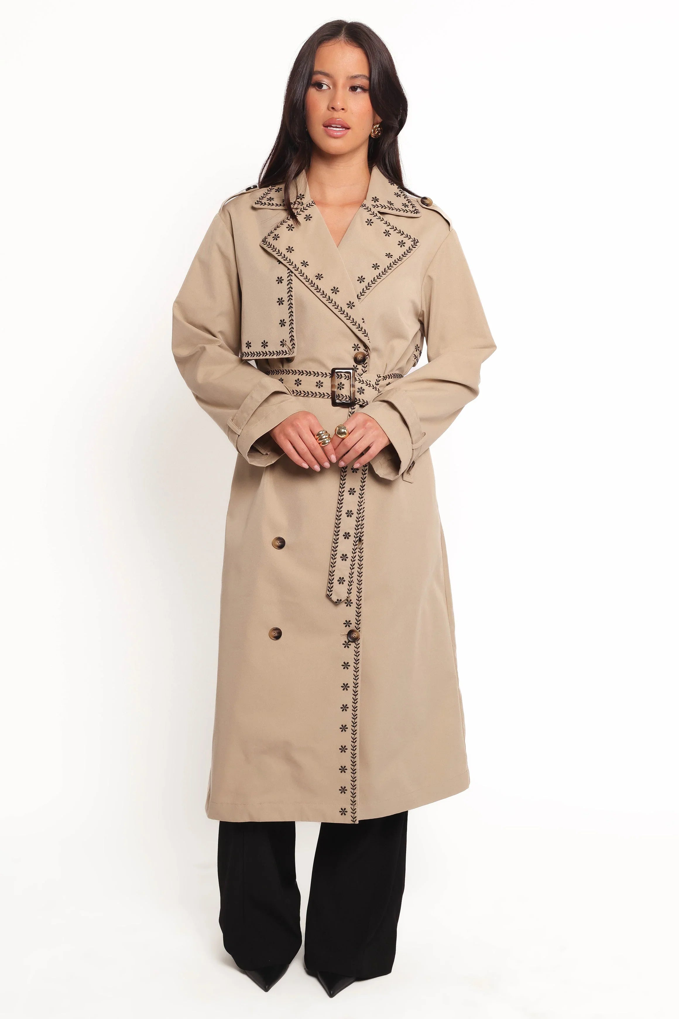 Grayson Embroidered Trim Trench Coat Taupe