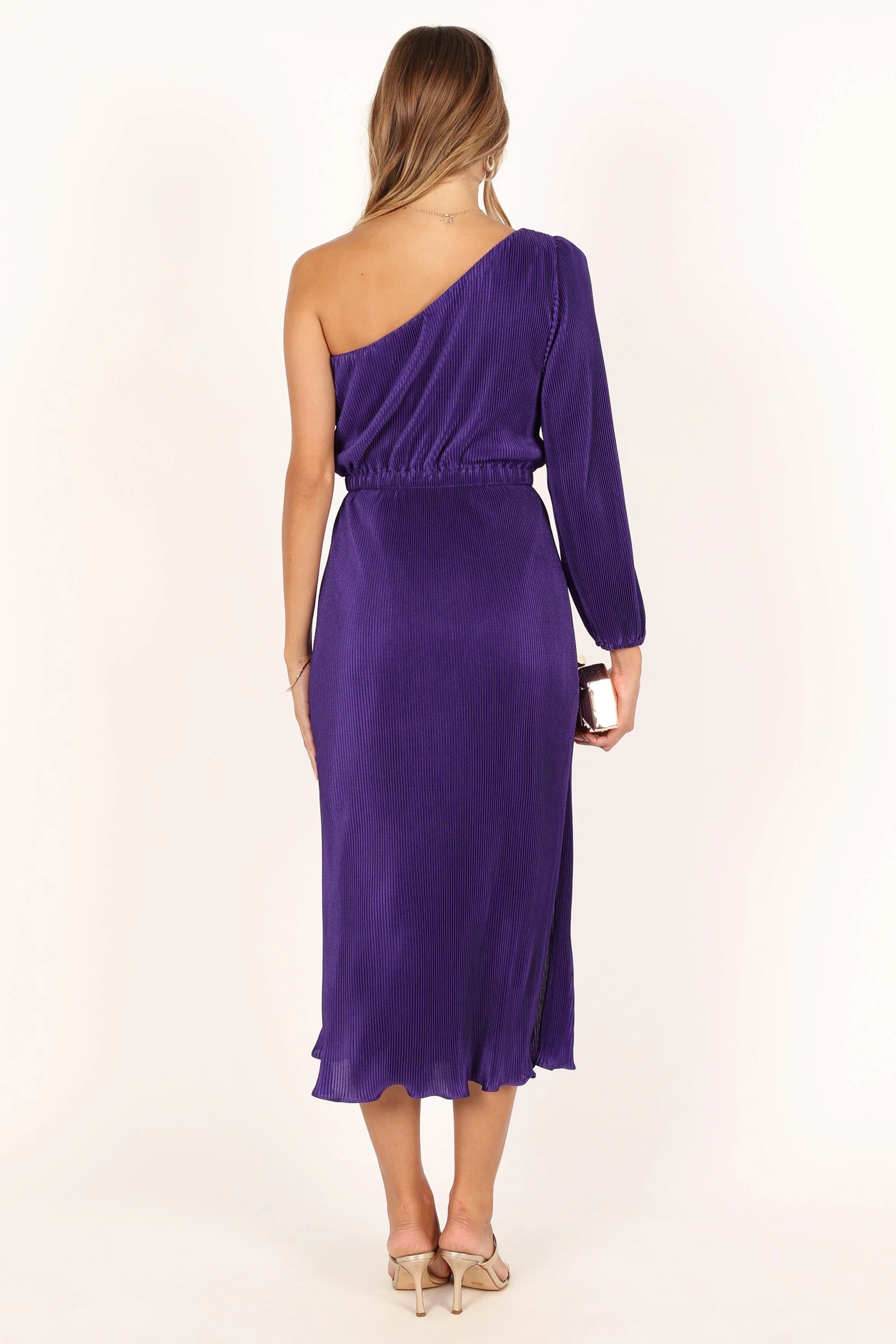 Pontee One Shoulder Pleated Midi Dress Purple
