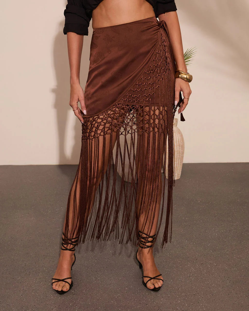 Elyssa Fringe Satin Jacquard Wrap Tie Midi Skirt