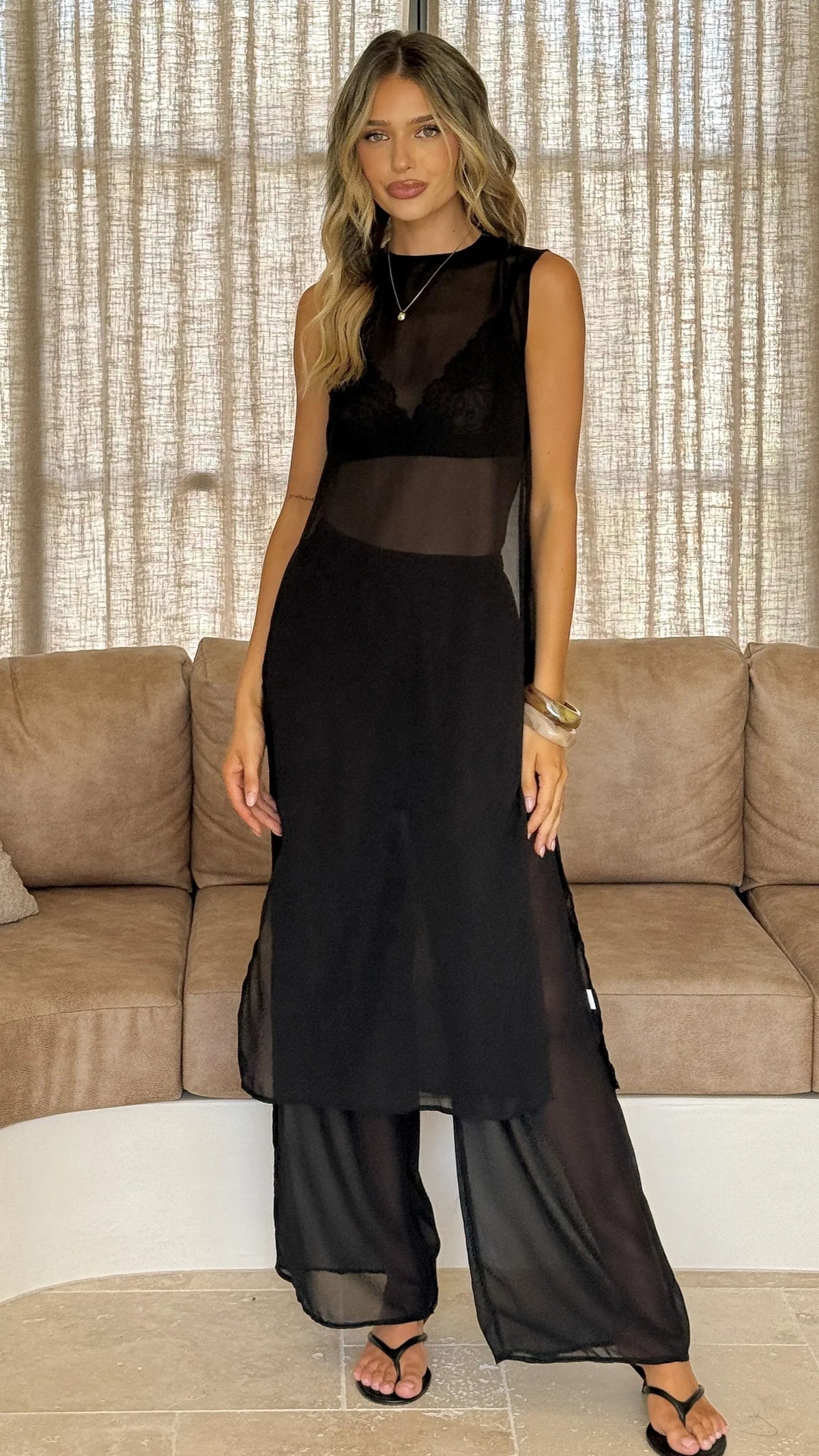 Zaire Long Line Sheer Top and Pants Set Black