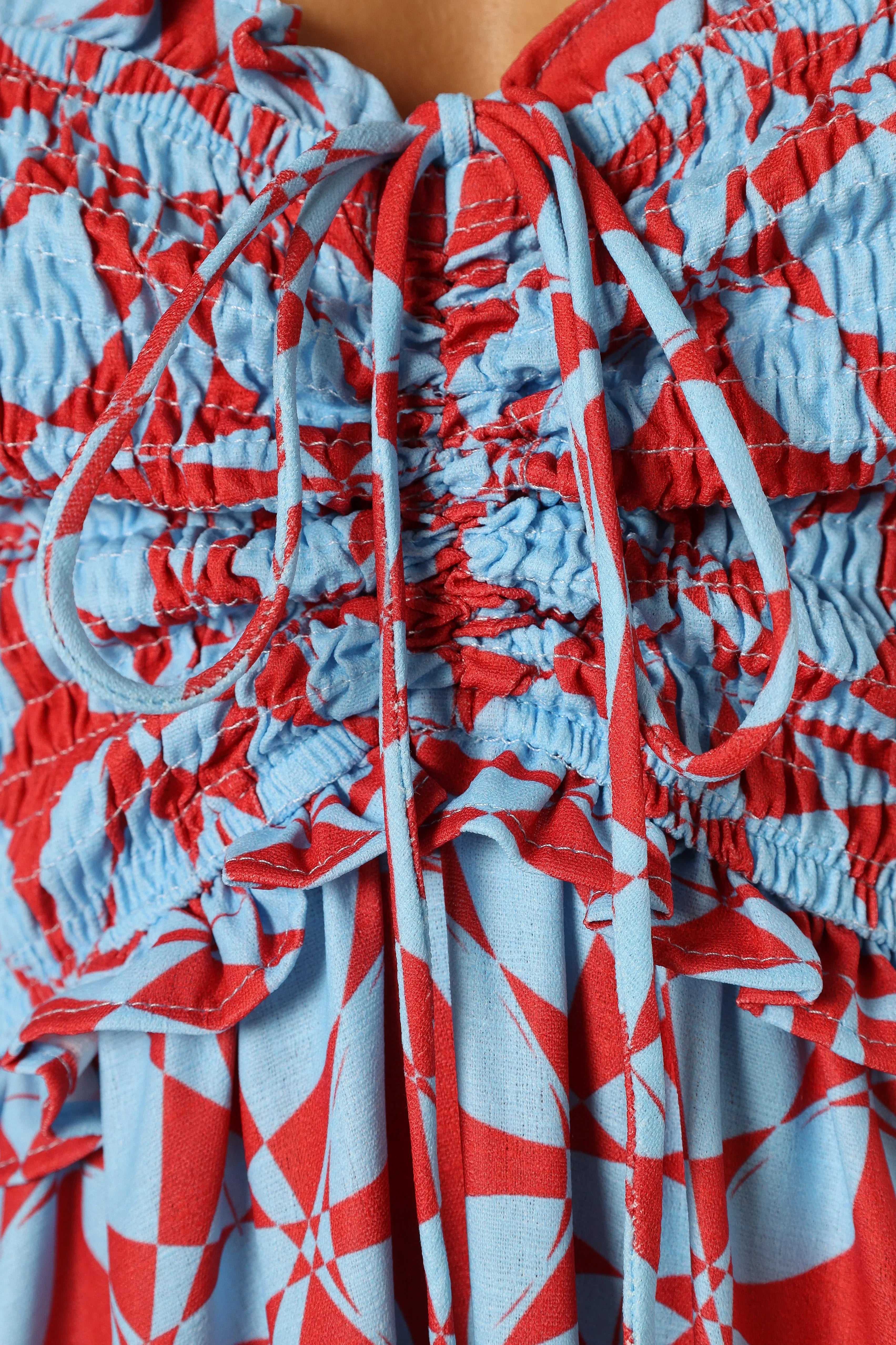 Dayton Strapless Midi Dress Red Blue