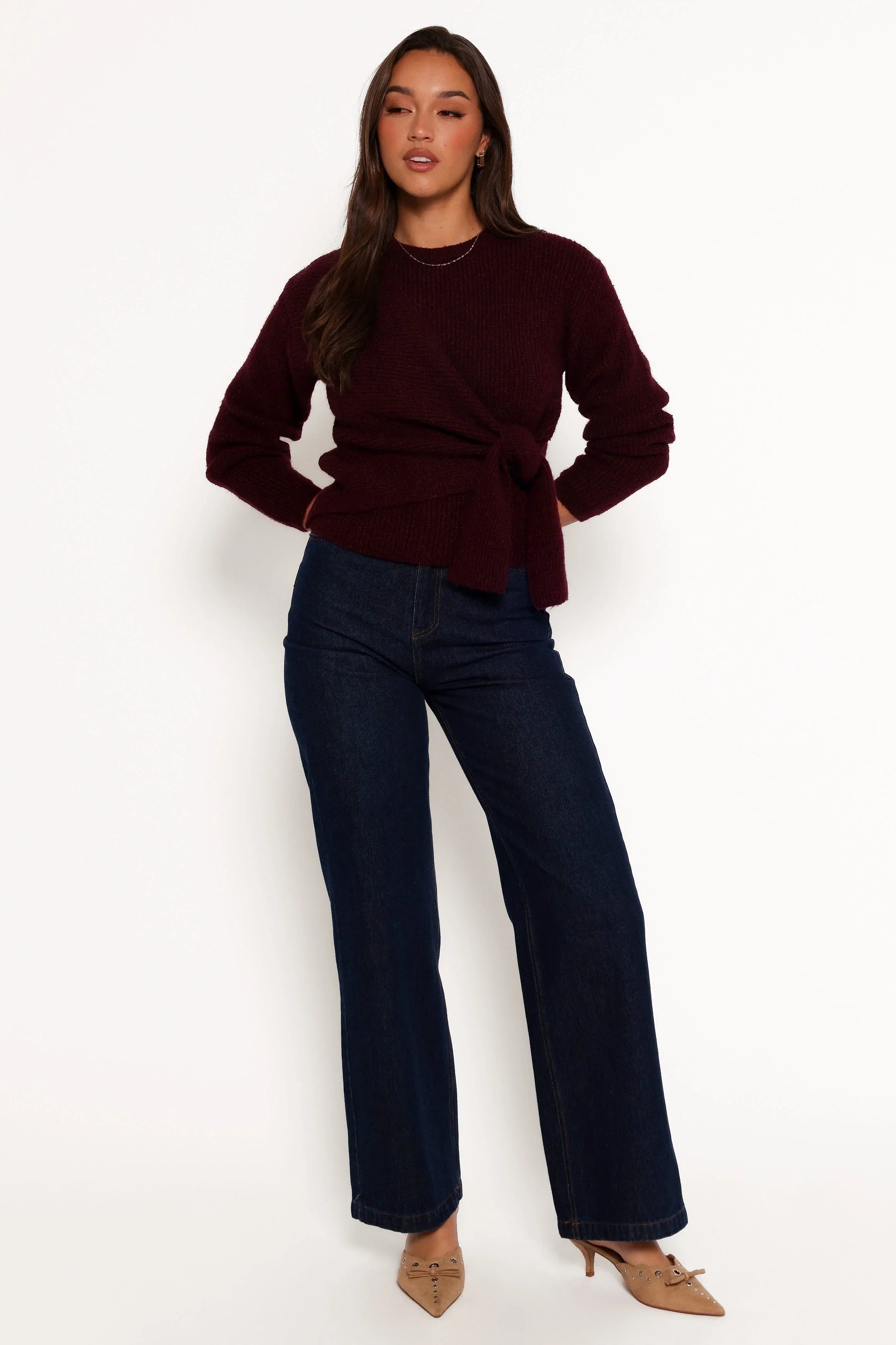 Ettie Wrap Side Tie Knit Sweater Burgundy
