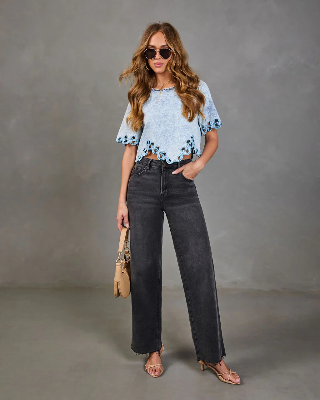Trail Song Embroidered Eyelet Hem Denim Top
