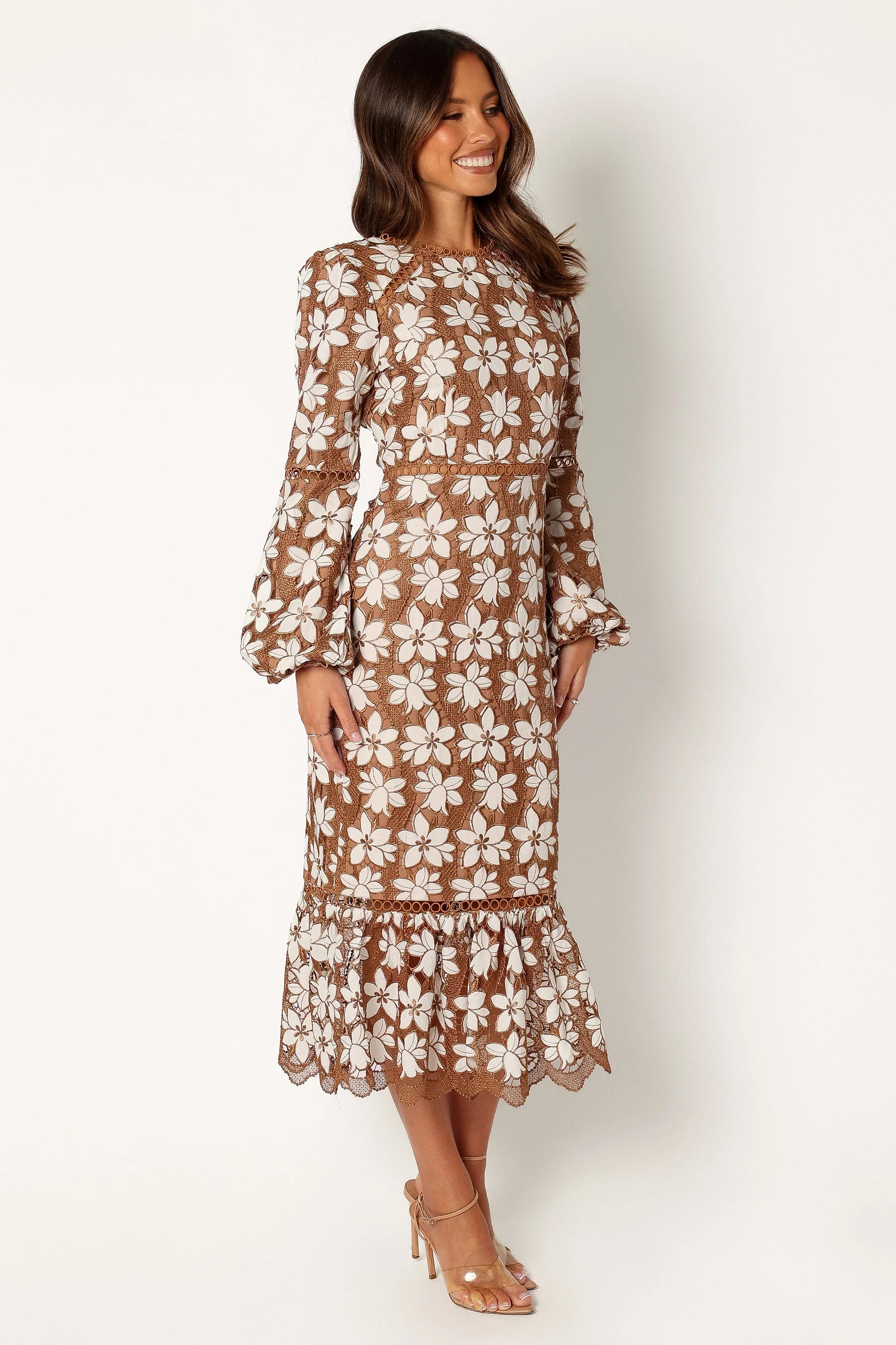 Pierre Long Sleeve Lace Maxi Dress Mocha