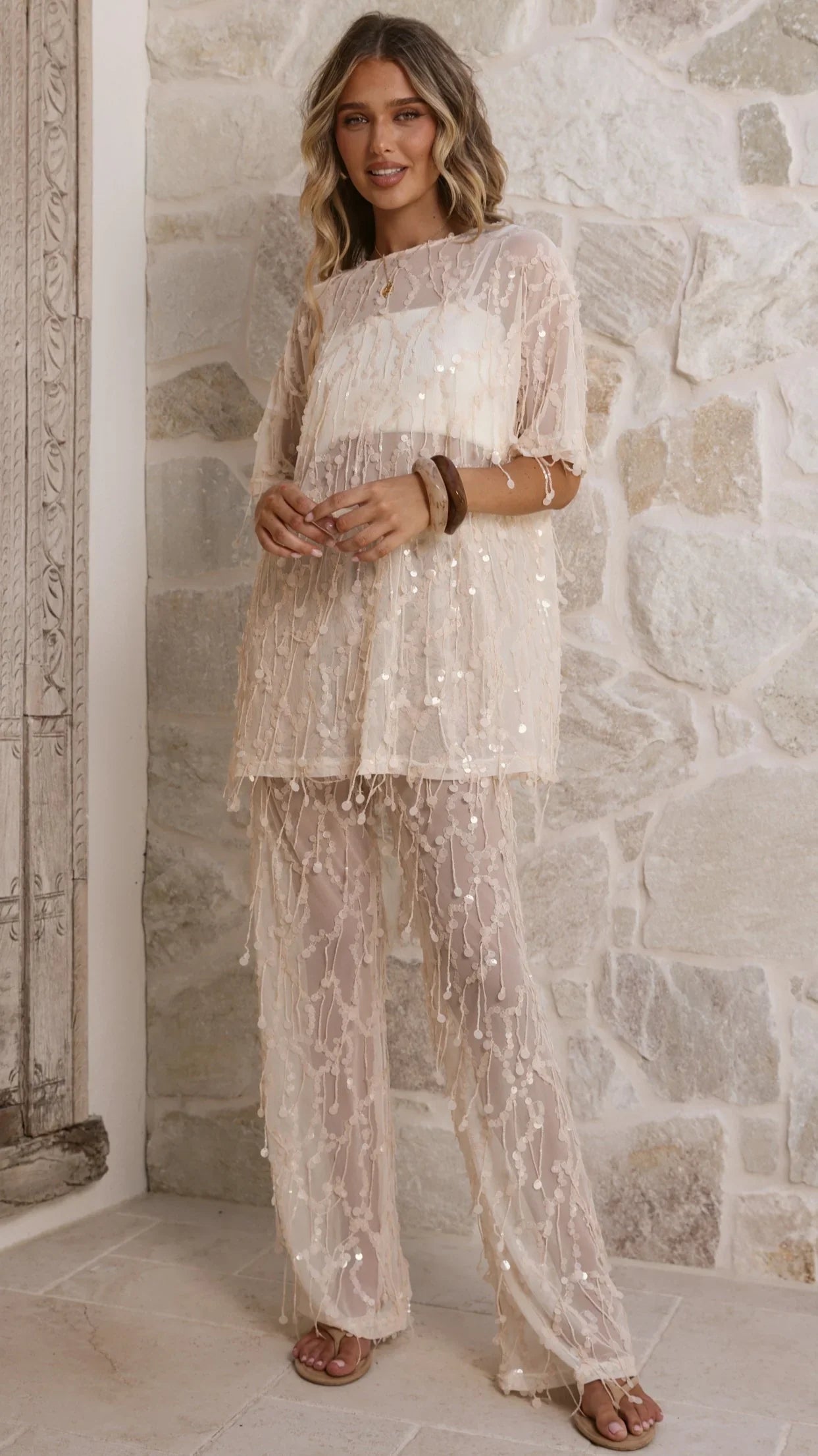 Zabby Sequin Oversized T Shirt Beige