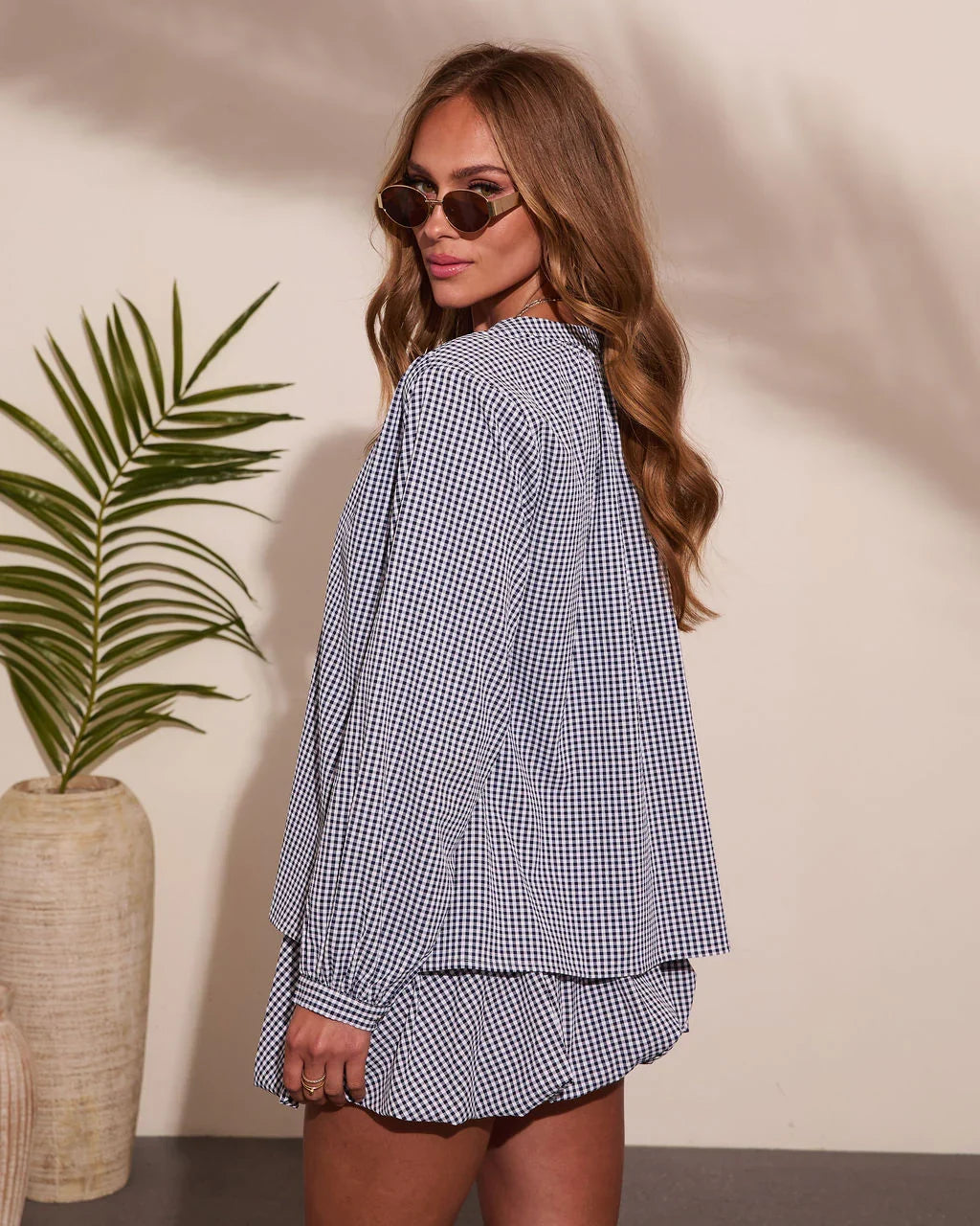 Day Trips Gingham Print Button Down Top