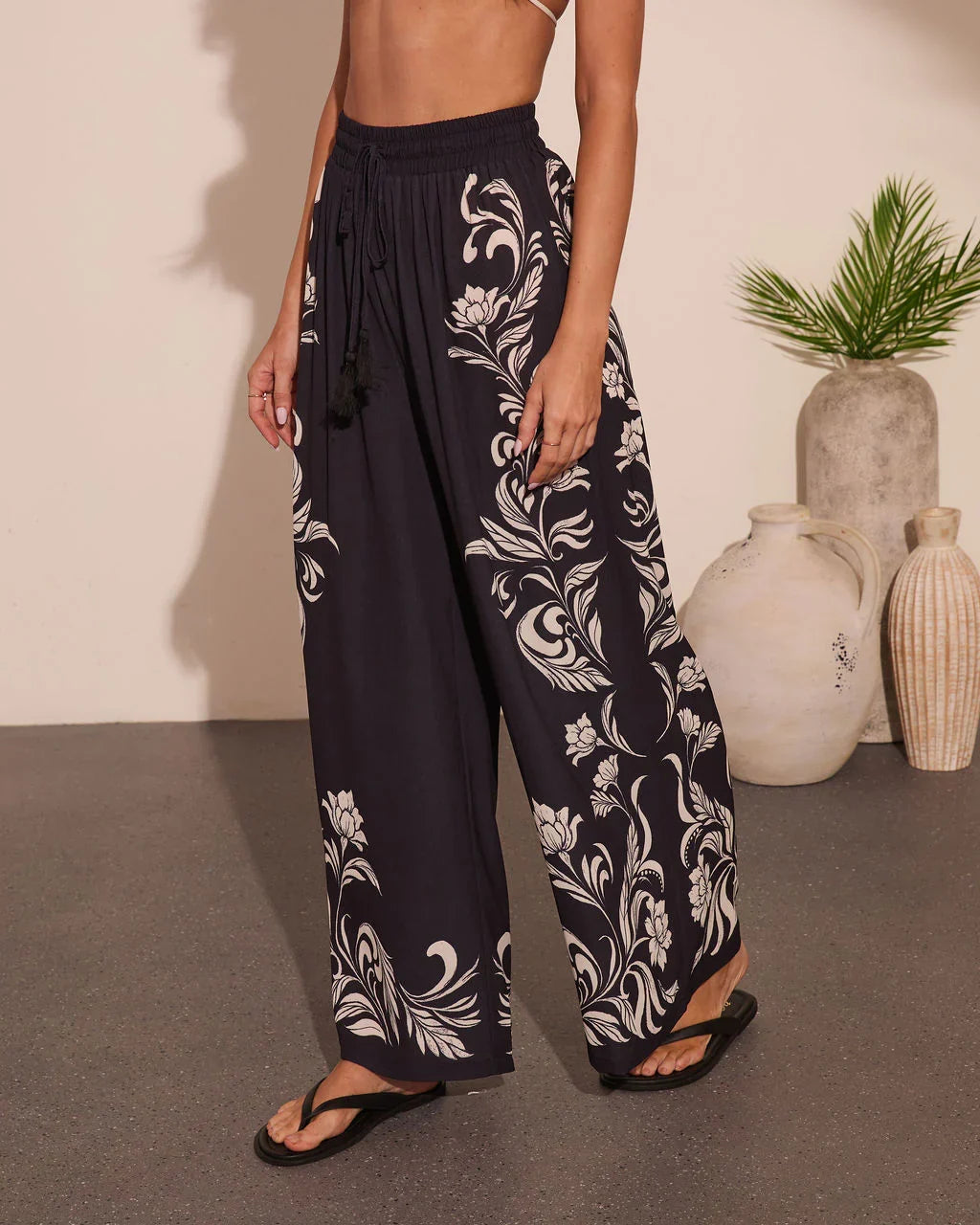 Korinna Floral Print Drawstring Wide Leg Pants