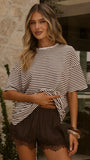 Zaina Stripe T Shirt and Micro Lace Shorts Chocolate White