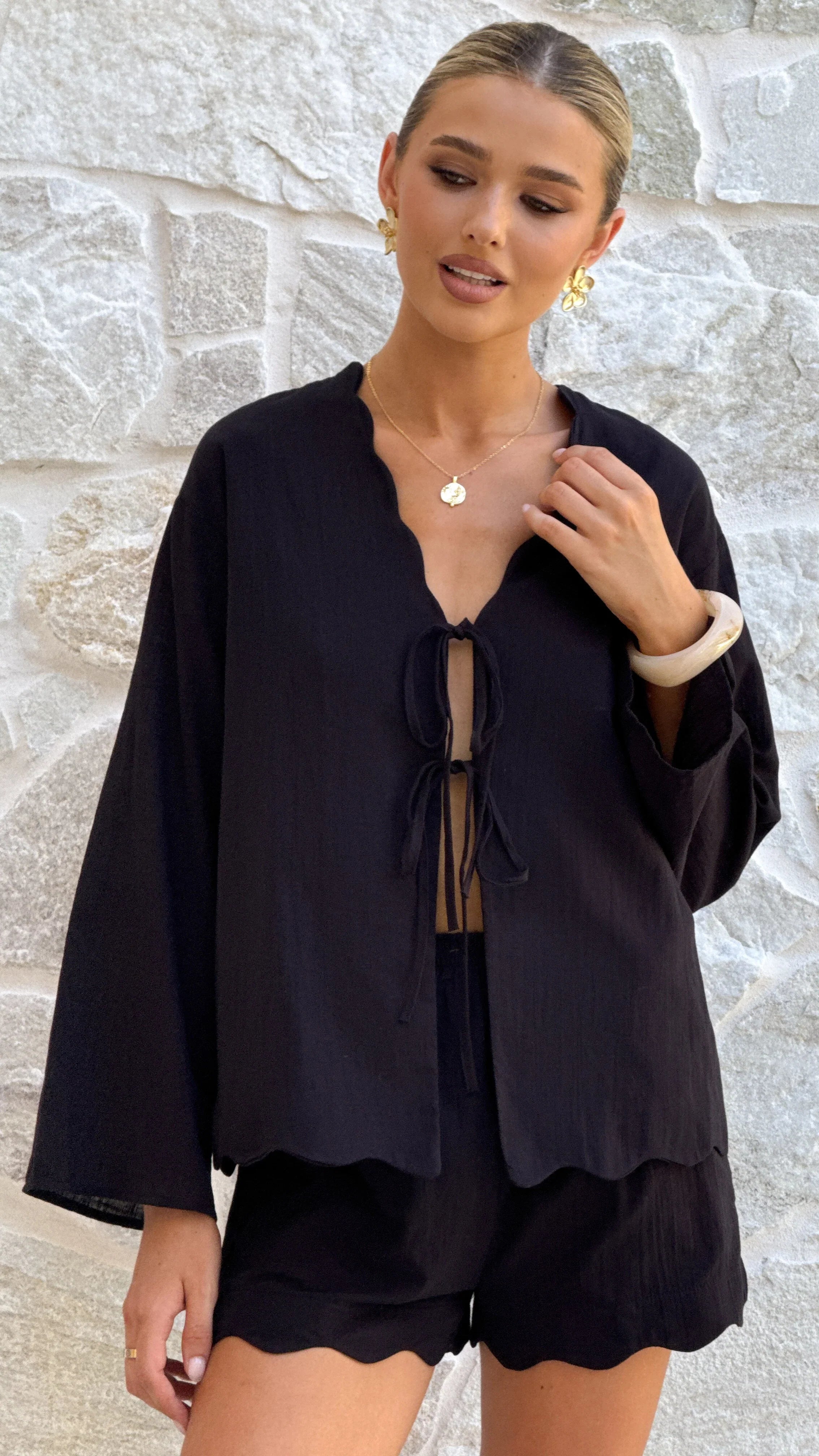 Leelo Tie Front Top and Shorts Set Black