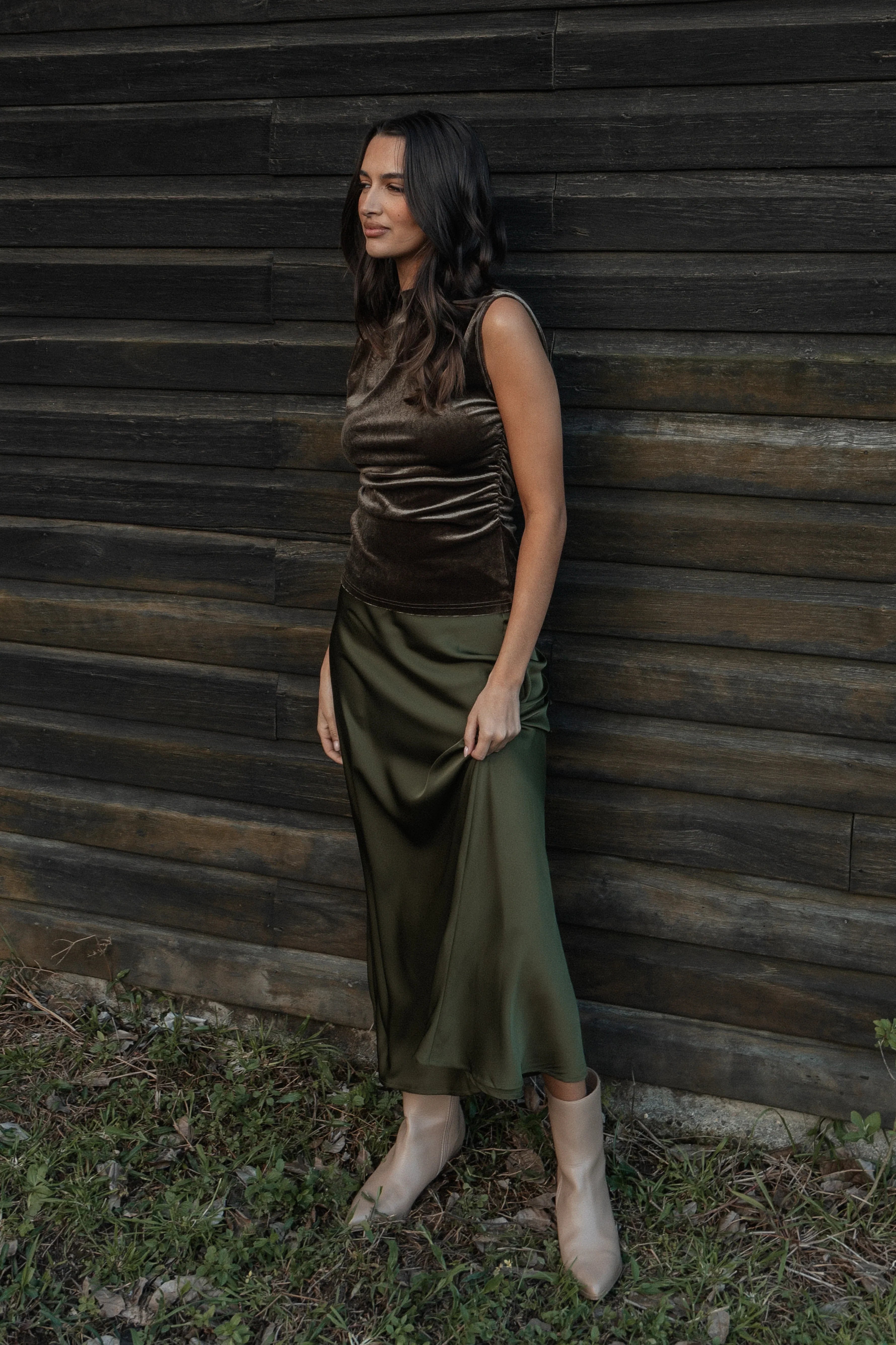 Nellie Satin Midi Skirt Olive
