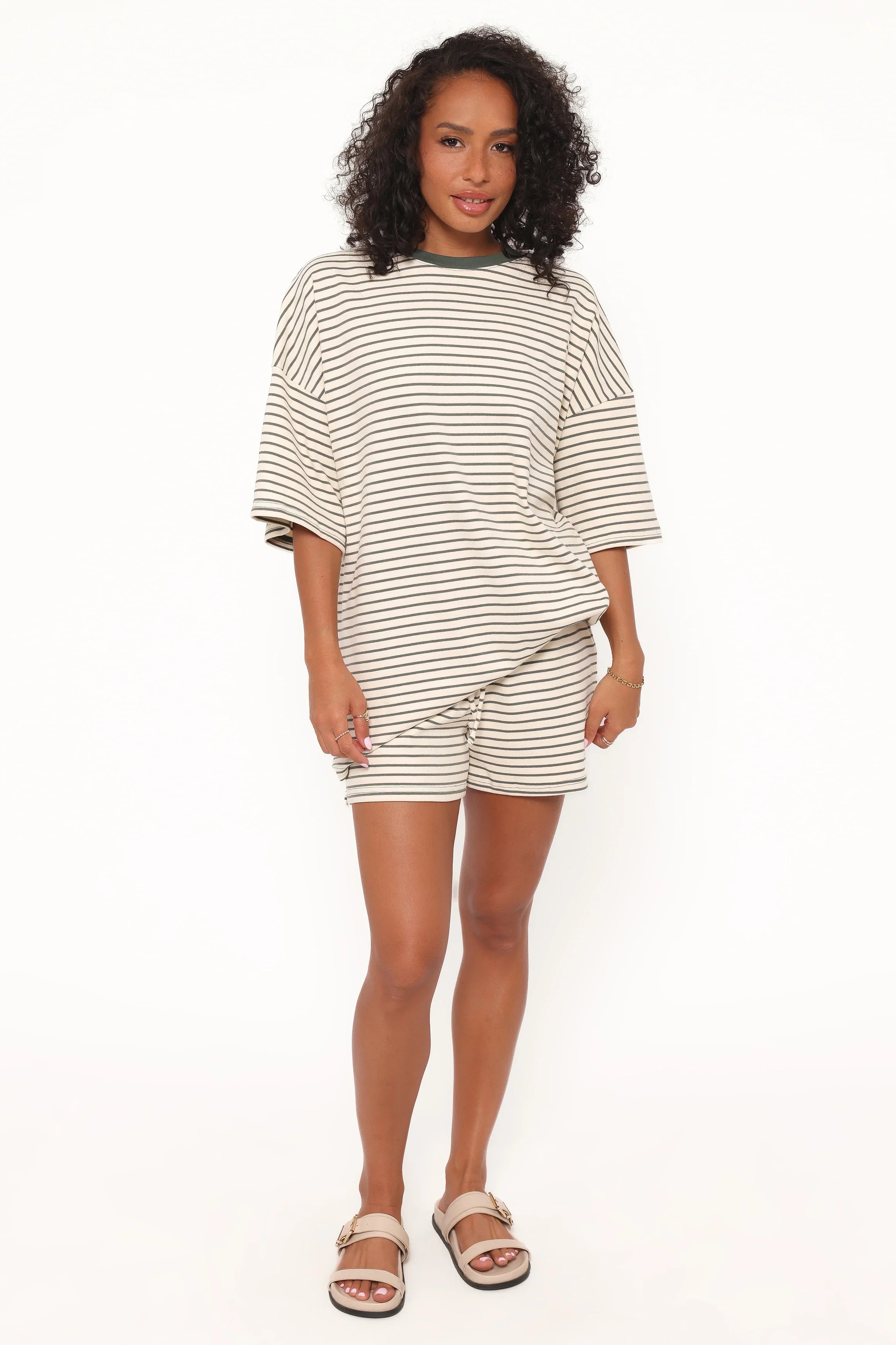 Hellen Stripe Short Set Cream Green Stripe