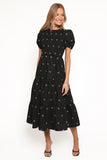 Naura Shirred Tiered Midi Dress Black Bow