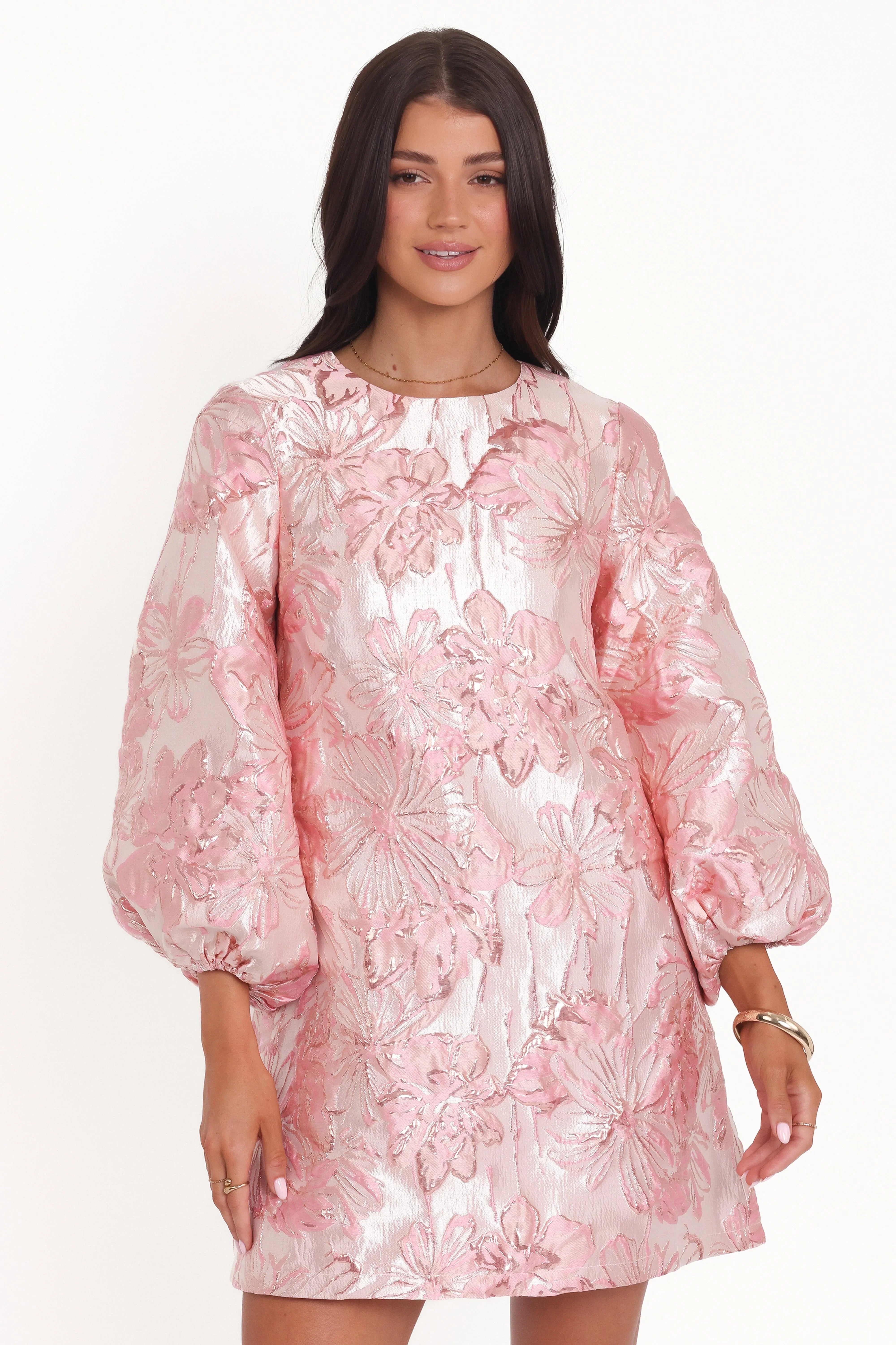 Treloar Long Sleeve Mini Dress Pink Brocade