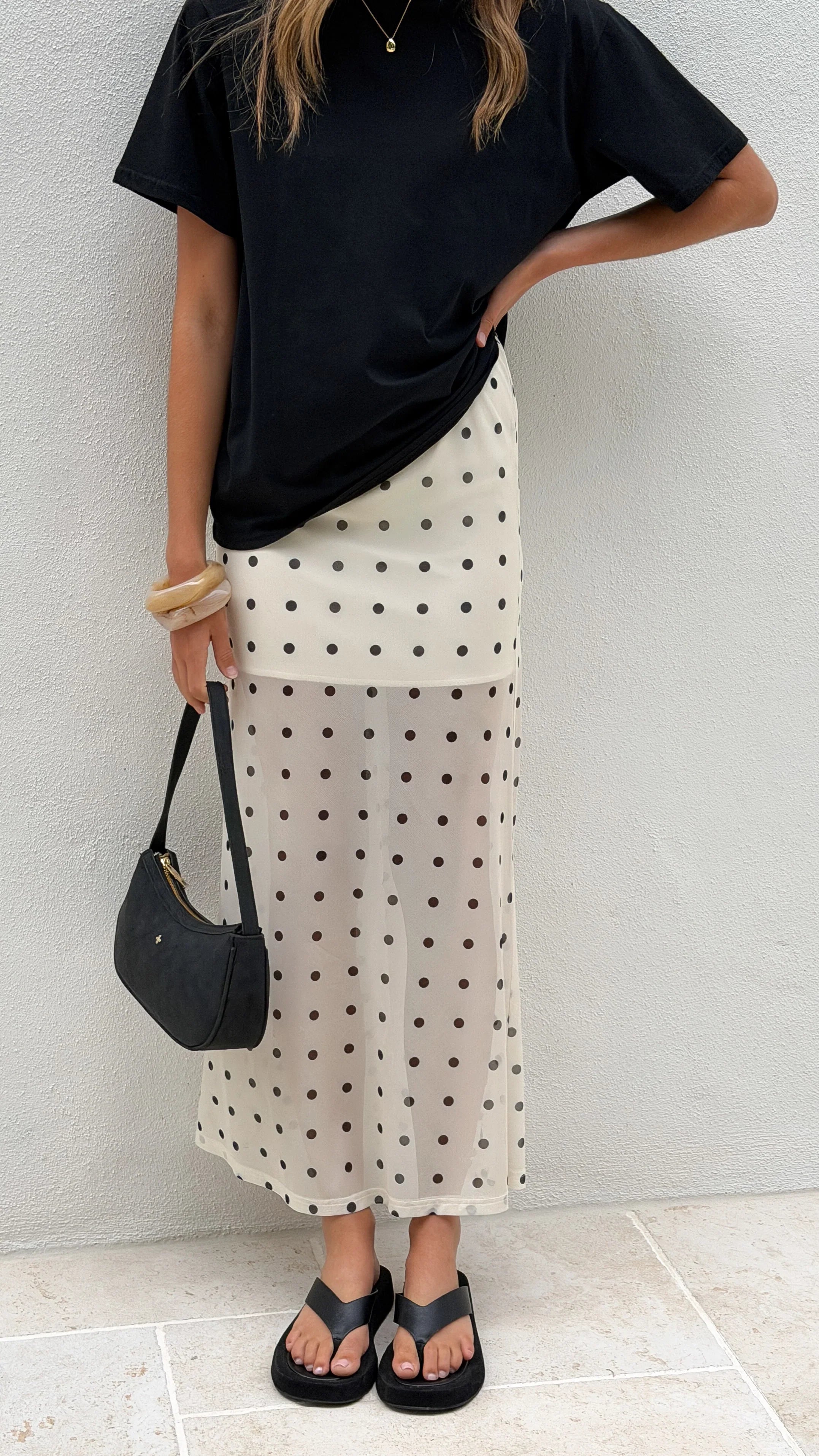 Onella Semi Sheer Maxi Skirt Cream Black Polka Dot