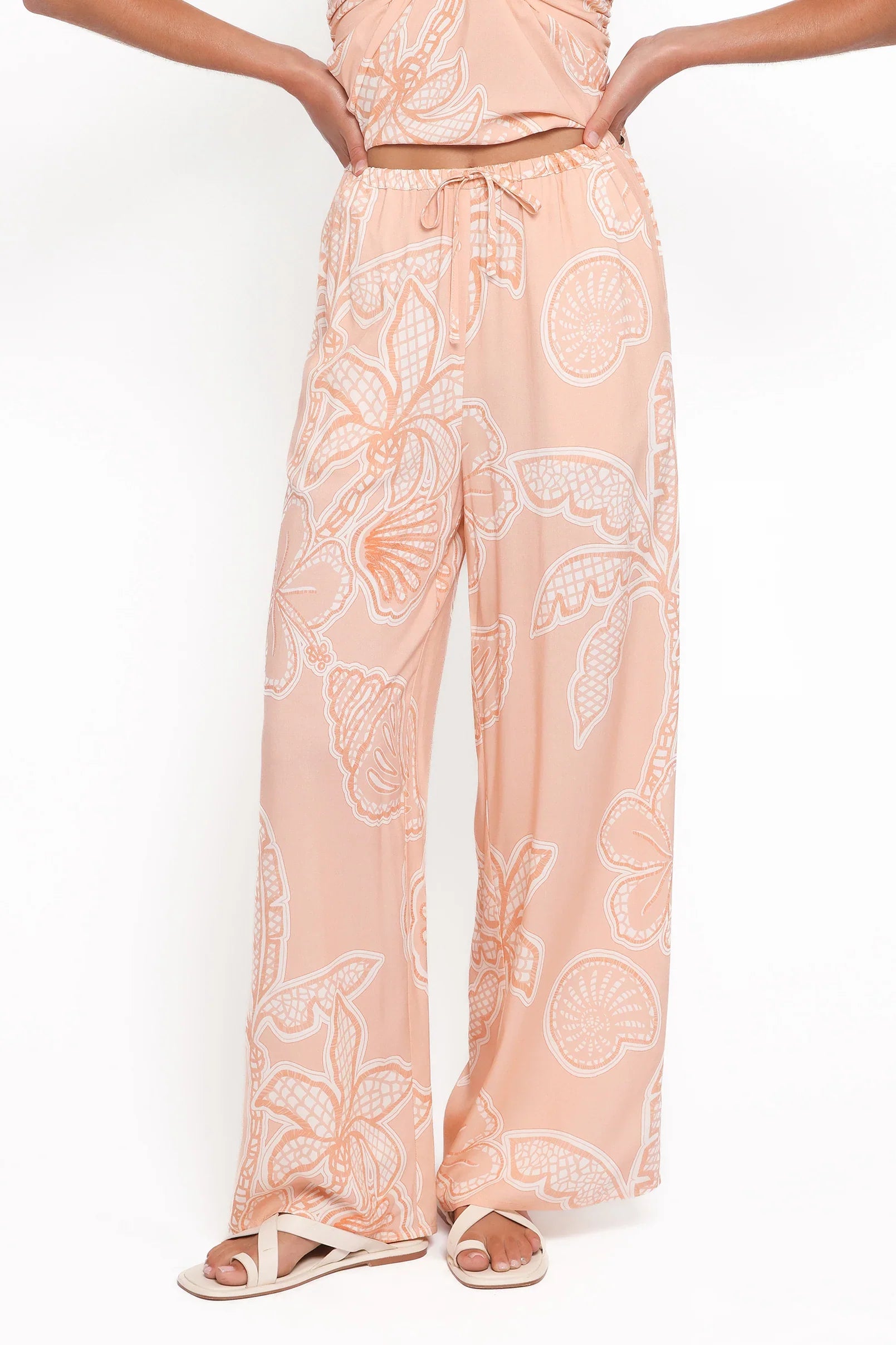 Lira Tie Waist Pant Peach Floral