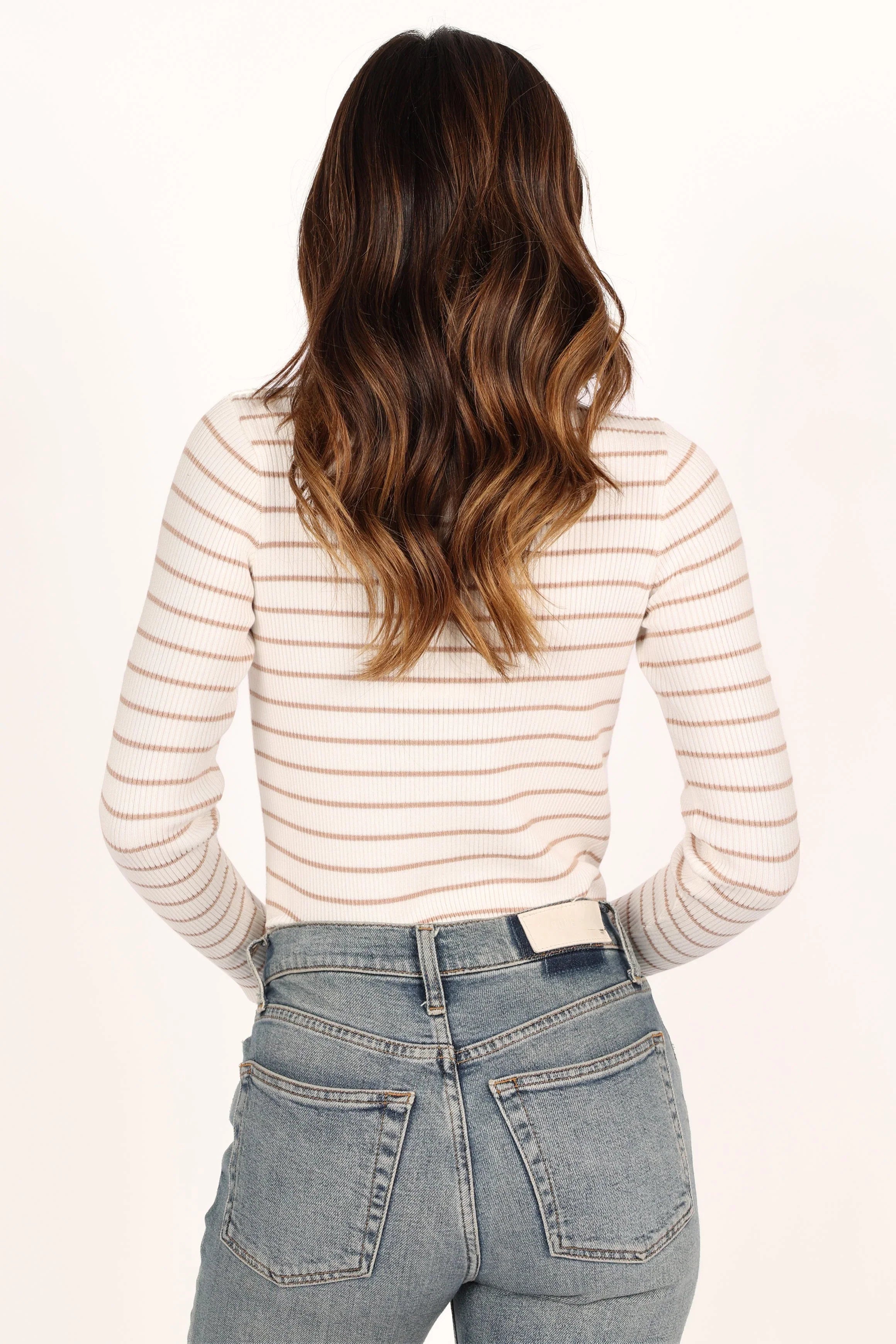 Stacie Ribbed Knit Top Beige Stripe