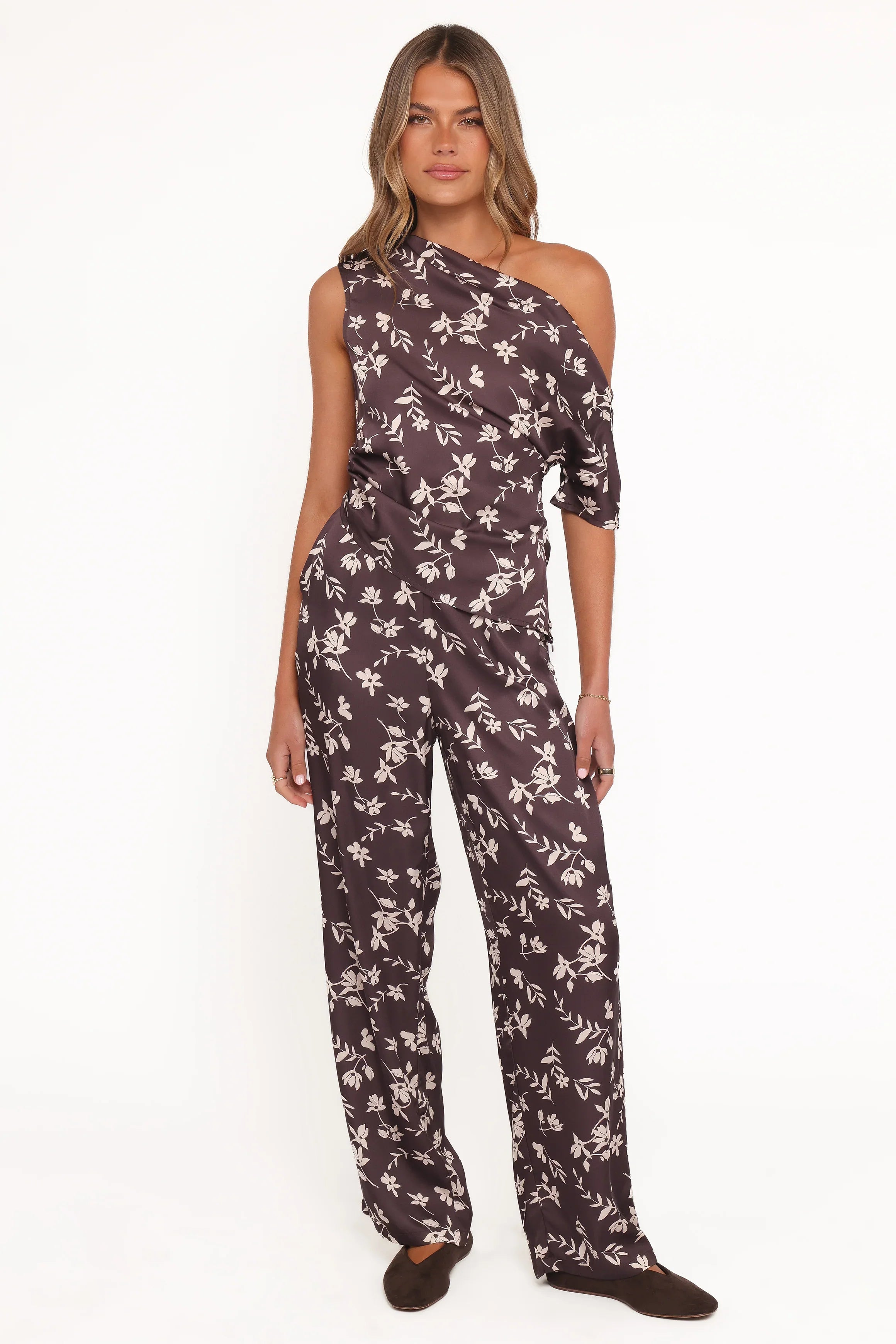 Romola Off Shoulder Top Brown Cream Floral