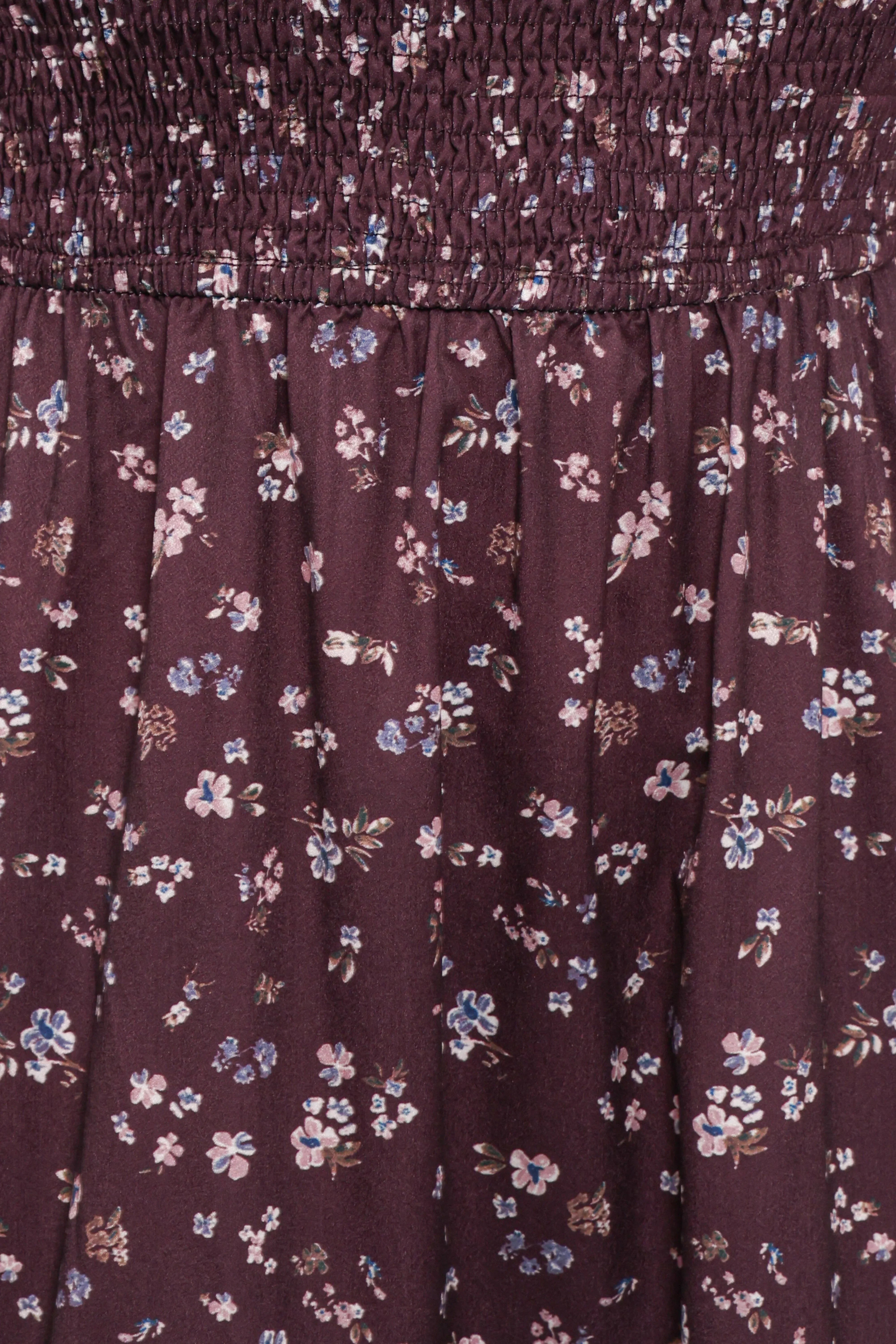 Edwina Shirred Frill Long Sleeve Midi Dress Plum Floral