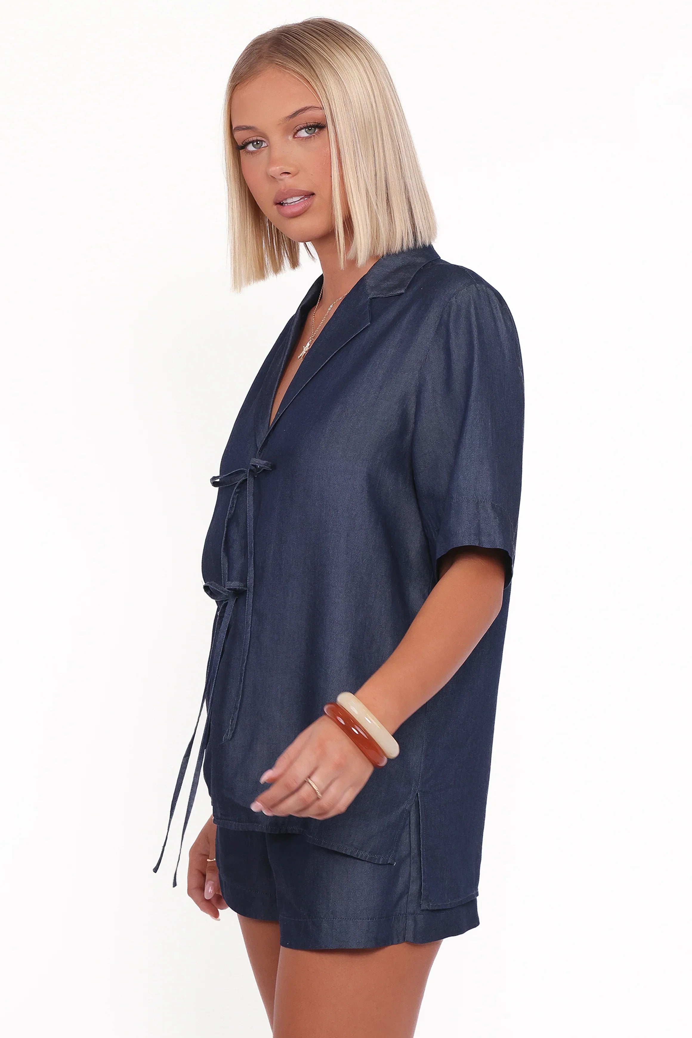 Aaliyah Chambray Tie Front Top Dark Wash