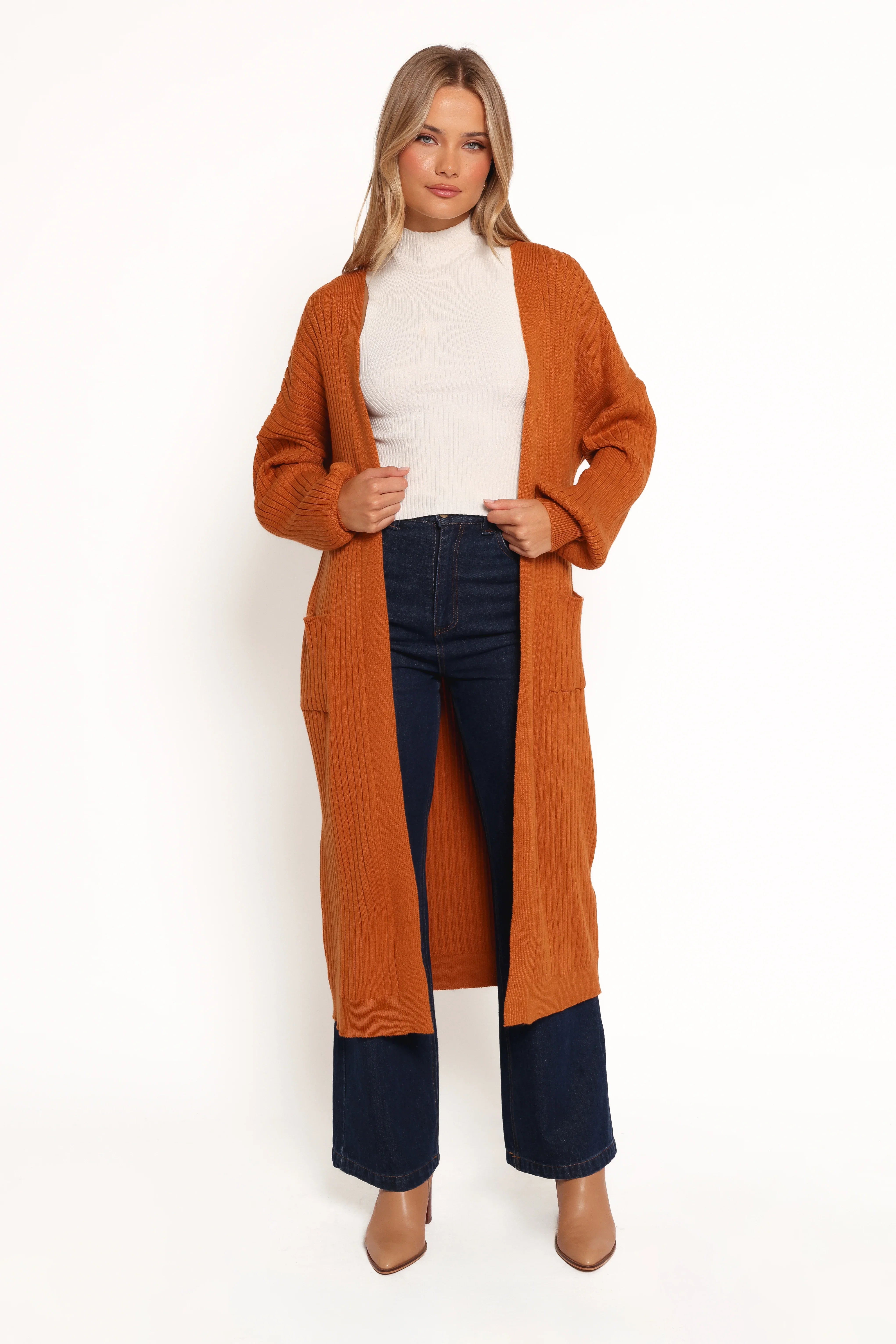Makenna Long Open Front Cardigan Rust