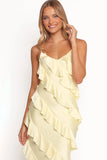 Ciao Ruffles Maxi Satin Dress Pale Yellow