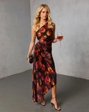Modern Day Glam Printed One Shoulder Asymmetrical Maxi Dress