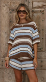 Makai Knitted T Shirt and Shorts Set Blue Chocolate Stripe