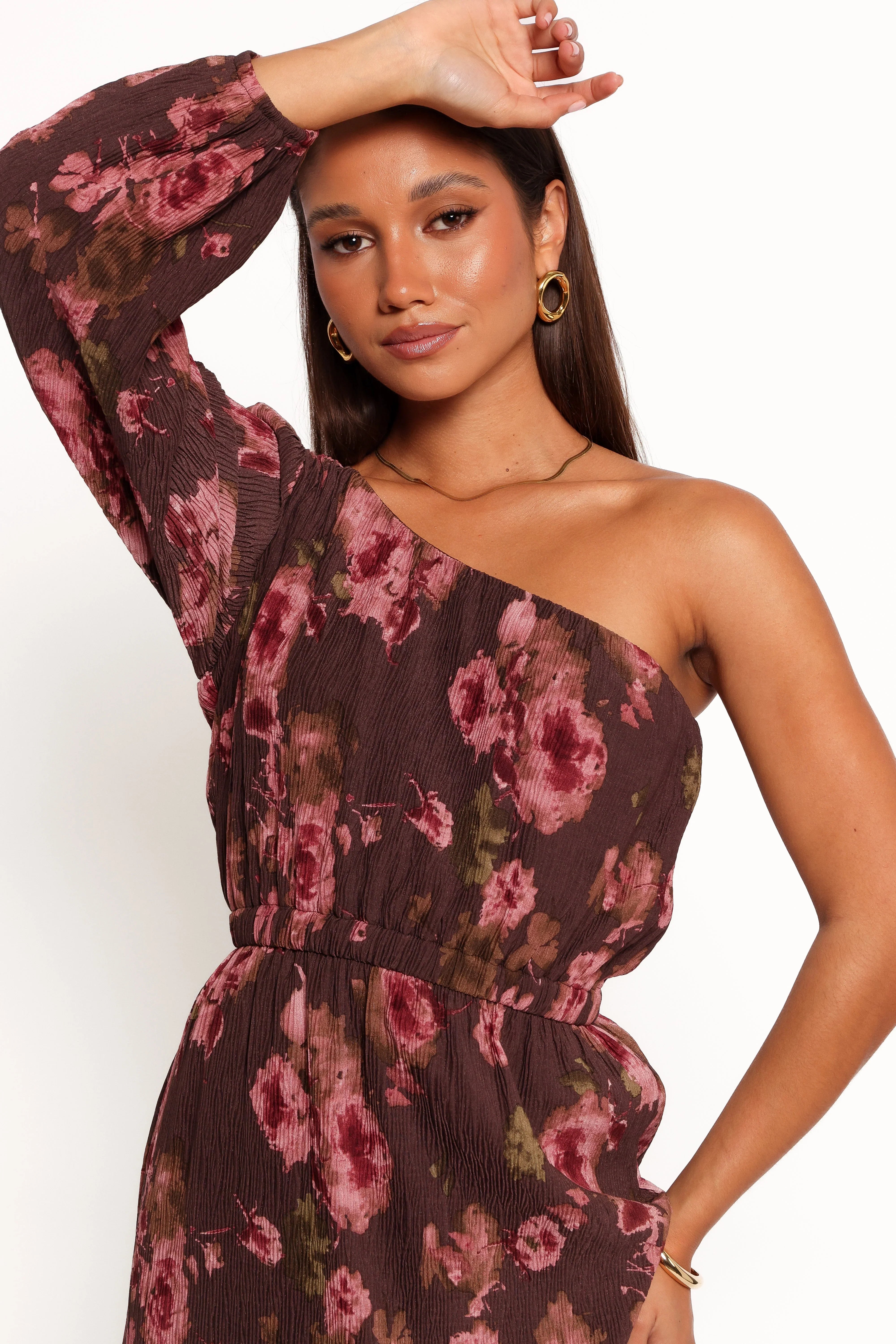 Pontee One Shoulder Pleated Midi Dress Chocolate Brown