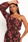 Pontee One Shoulder Pleated Midi Dress Chocolate Brown
