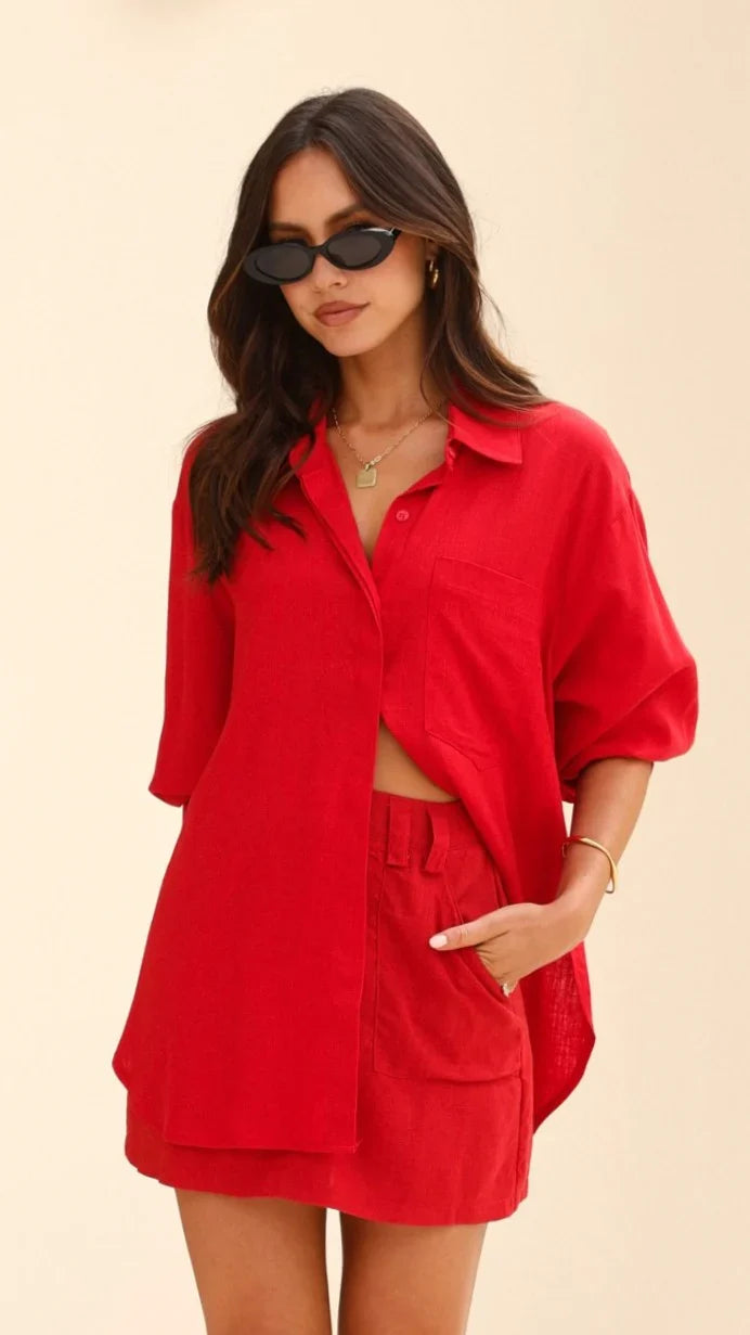 Charla Button Up Top Red